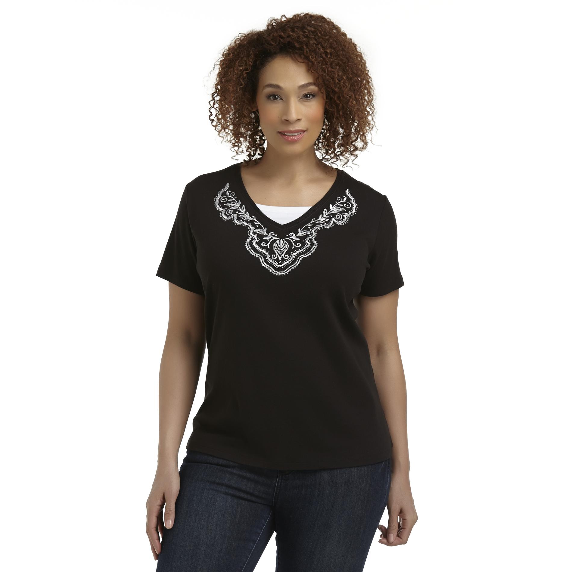 Basic Editions Women's Plus Layered-Look Embellished Top - Paisley