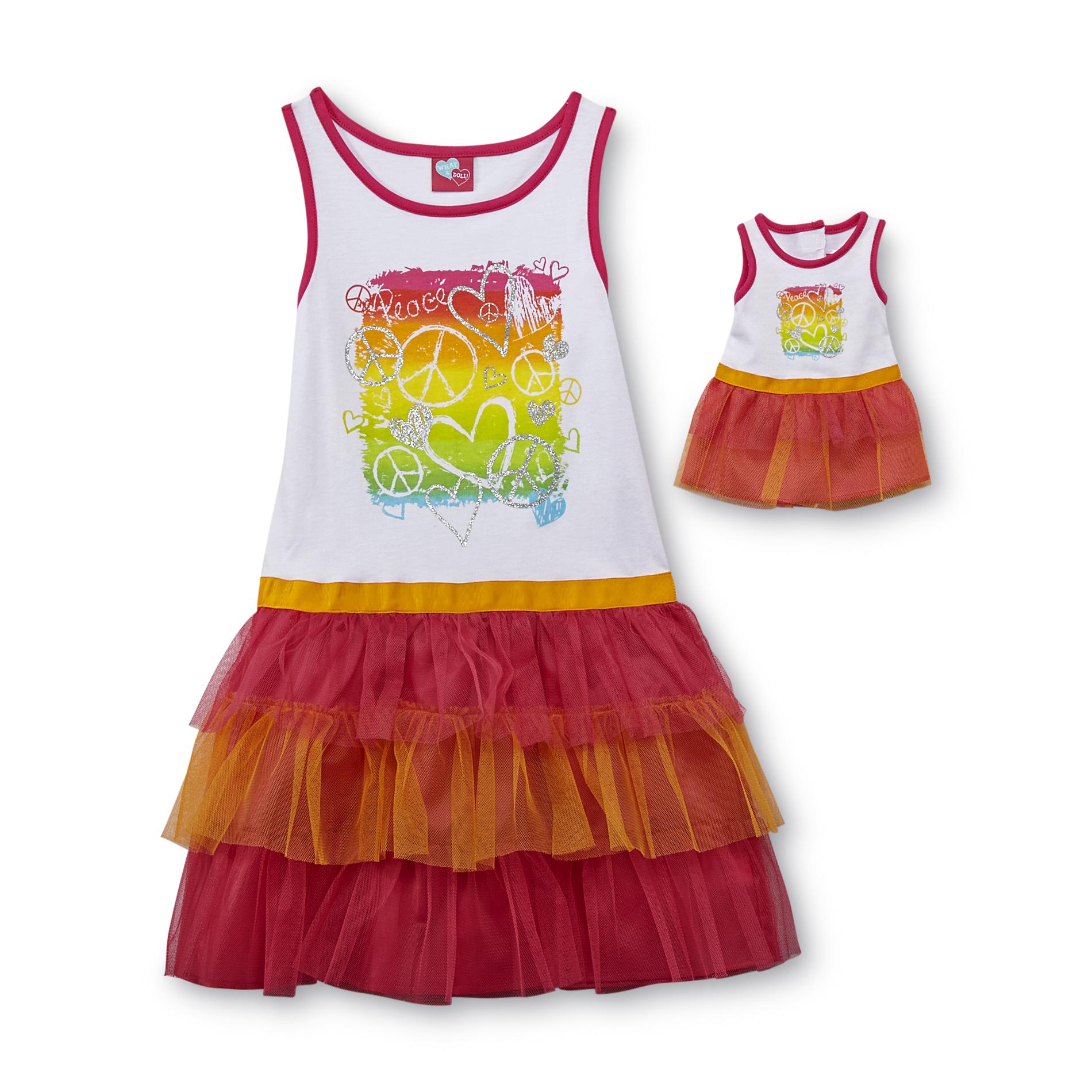 What A Doll Girl's Tiered Dress & Doll Dress - Peace Sign