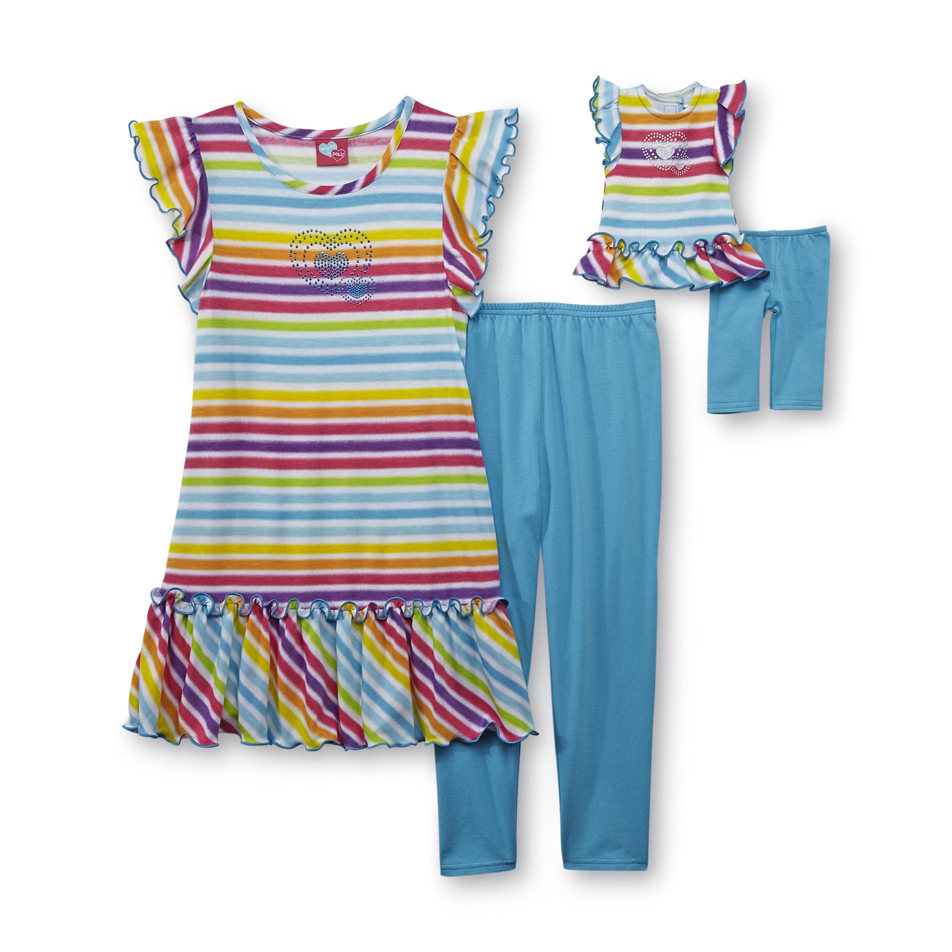 What A Doll Girl's Tunic  Leggings & Doll Outfit - Striped