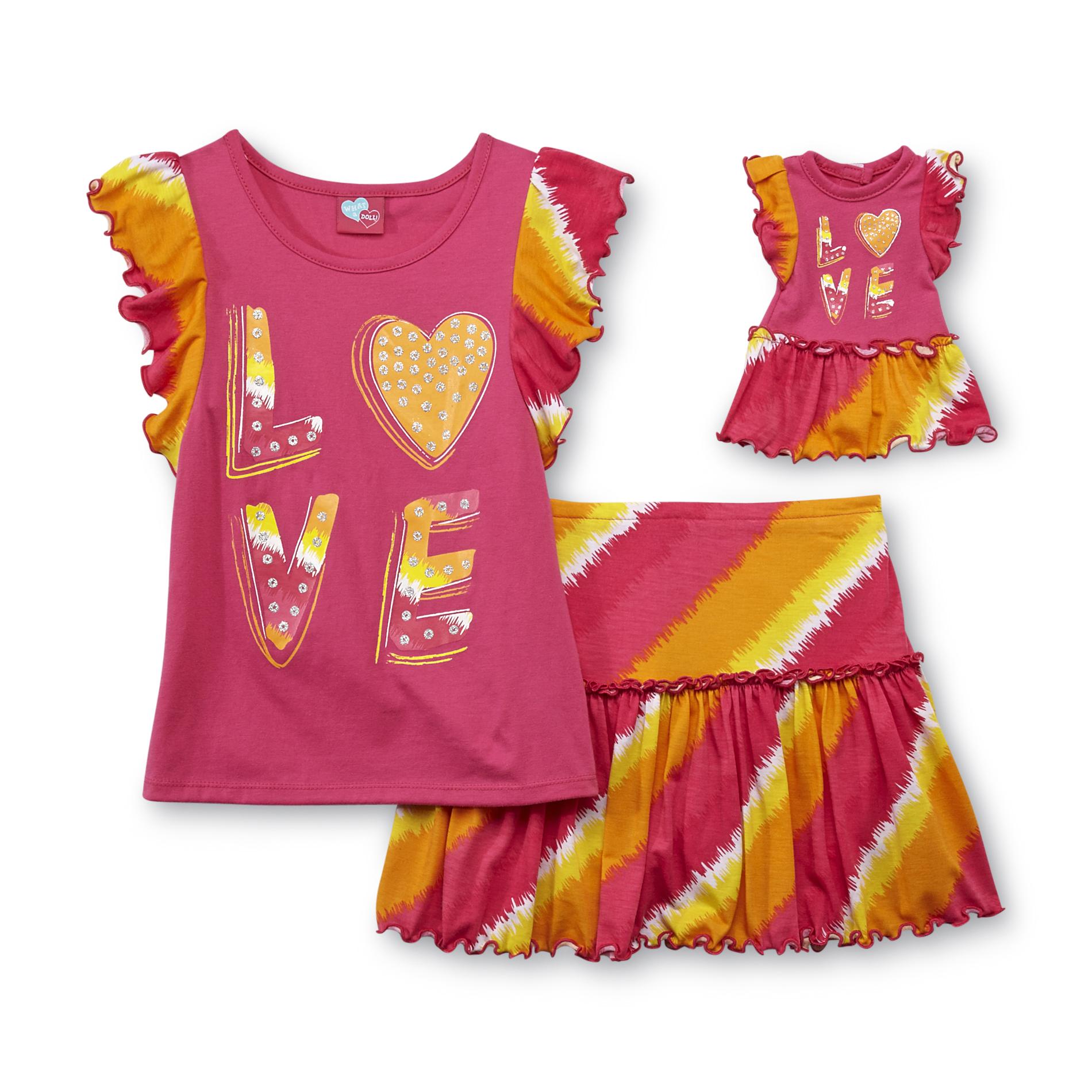 What A Doll Girl's Graphic T-shirt  Skirt & Doll Outfit - Love