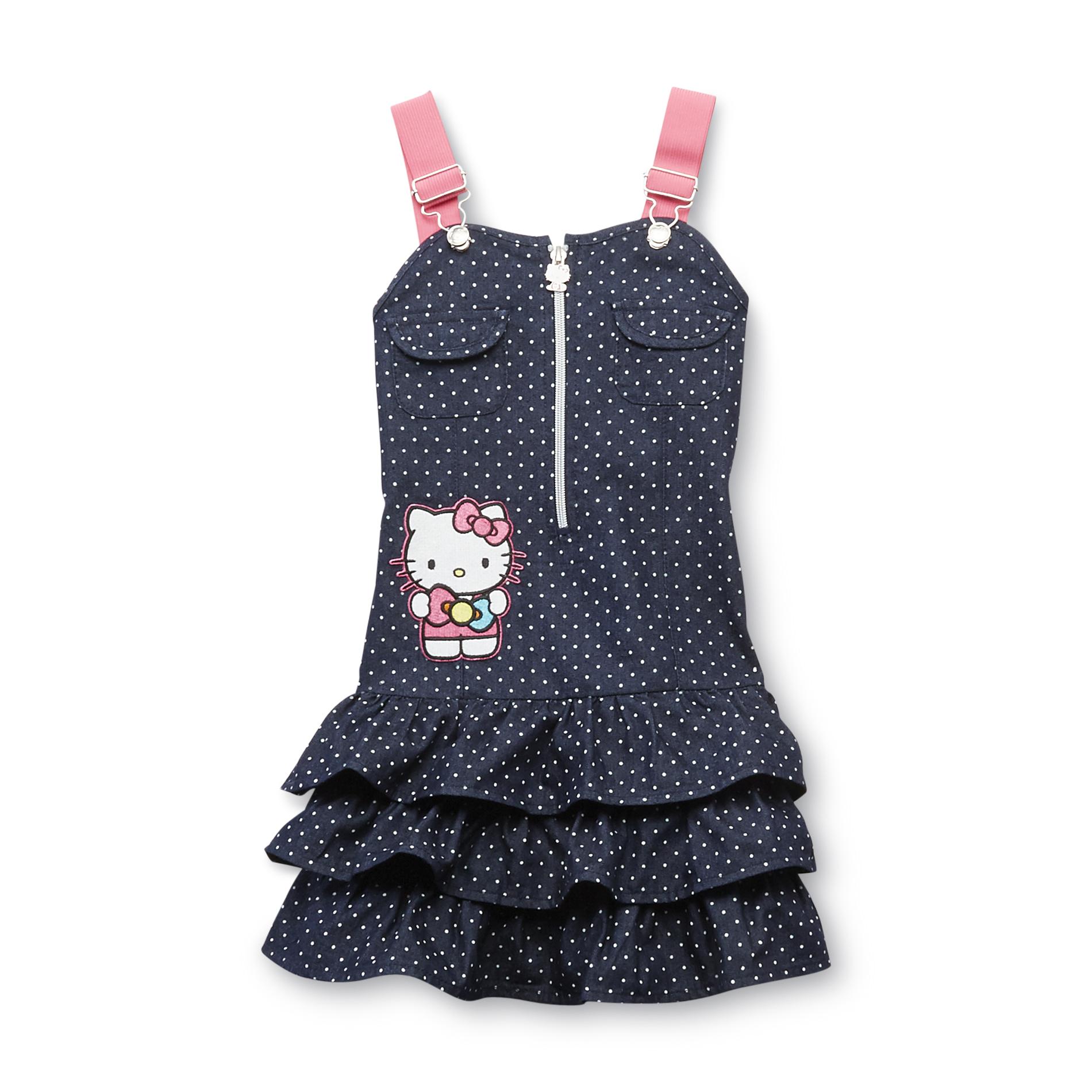 Hello Kitty Girl's Tiered Denim Jumper Dress Polka Dot