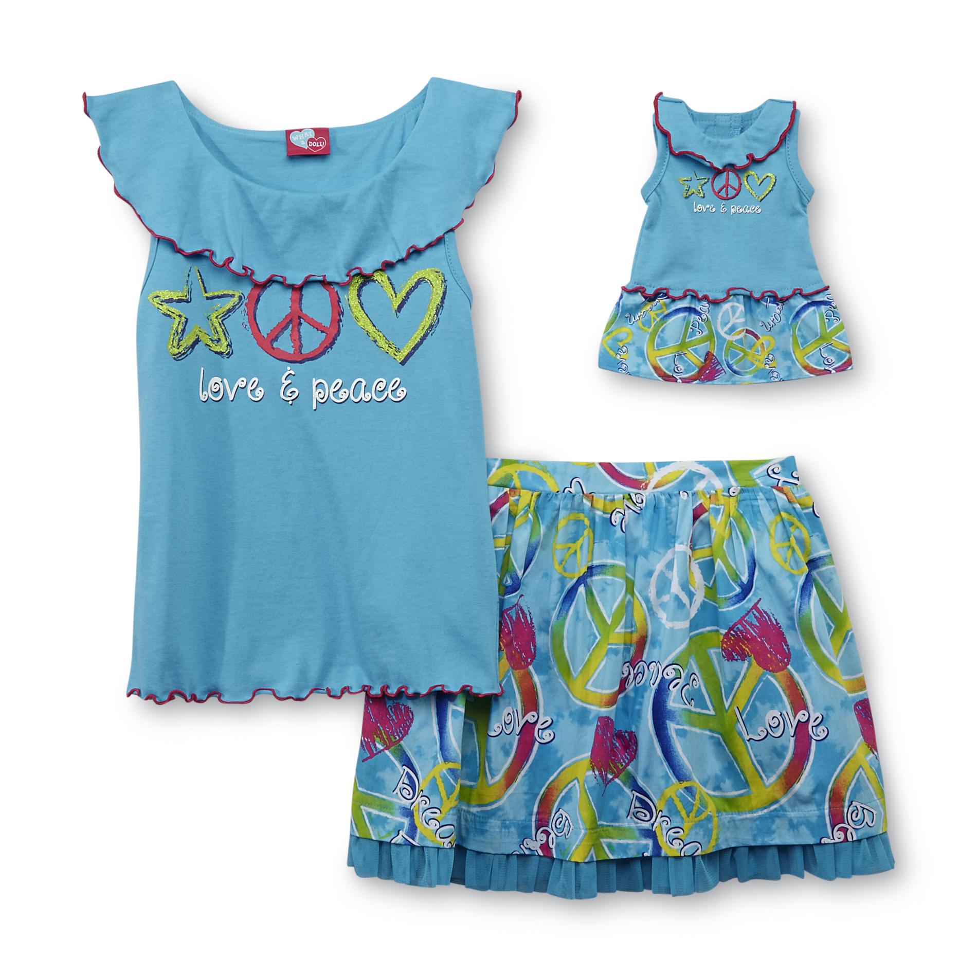 What A Doll Girl's Graphic T-shirt  Skirt & Doll Outfit