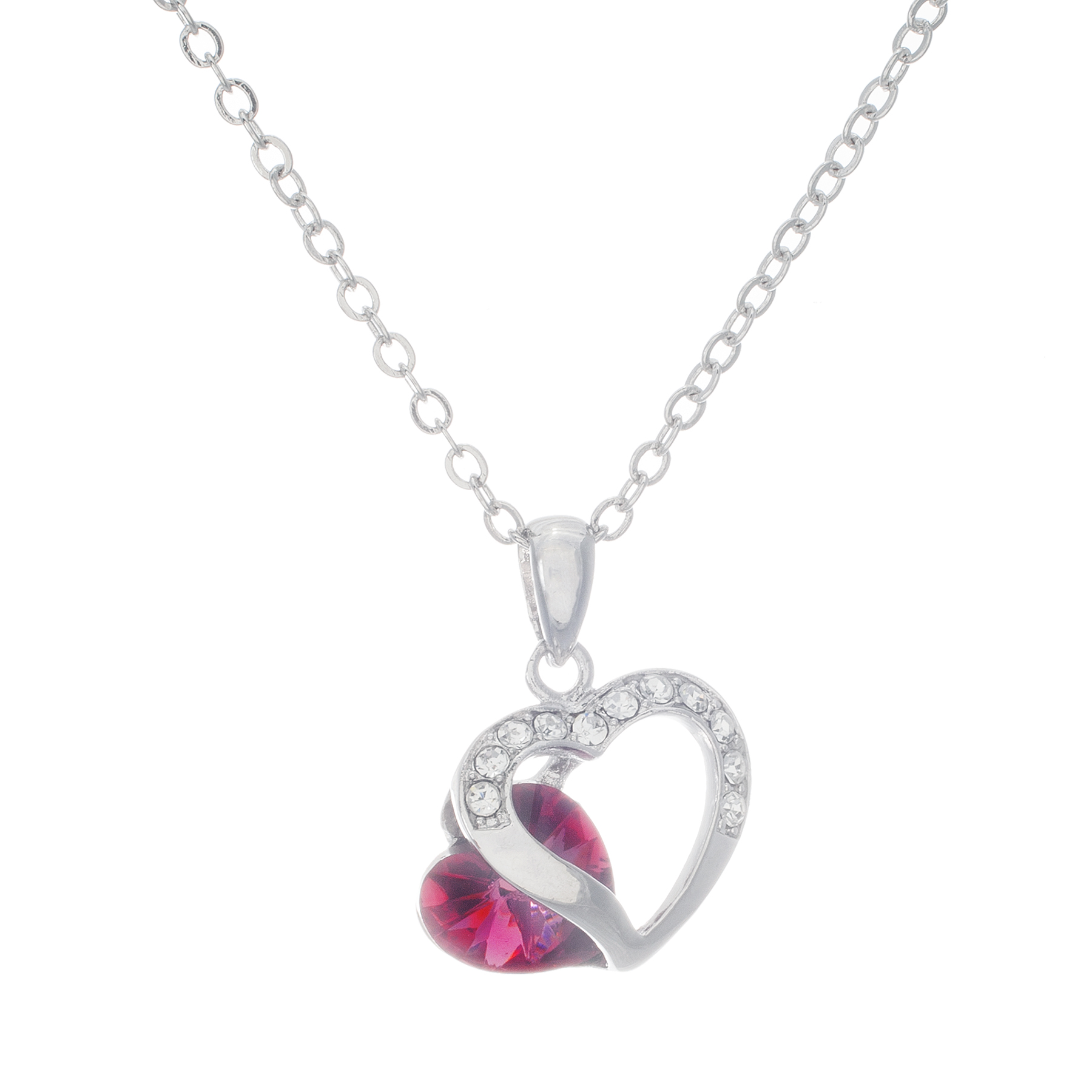 Silver Plated over Brass Pink Crystal Heart Necklace