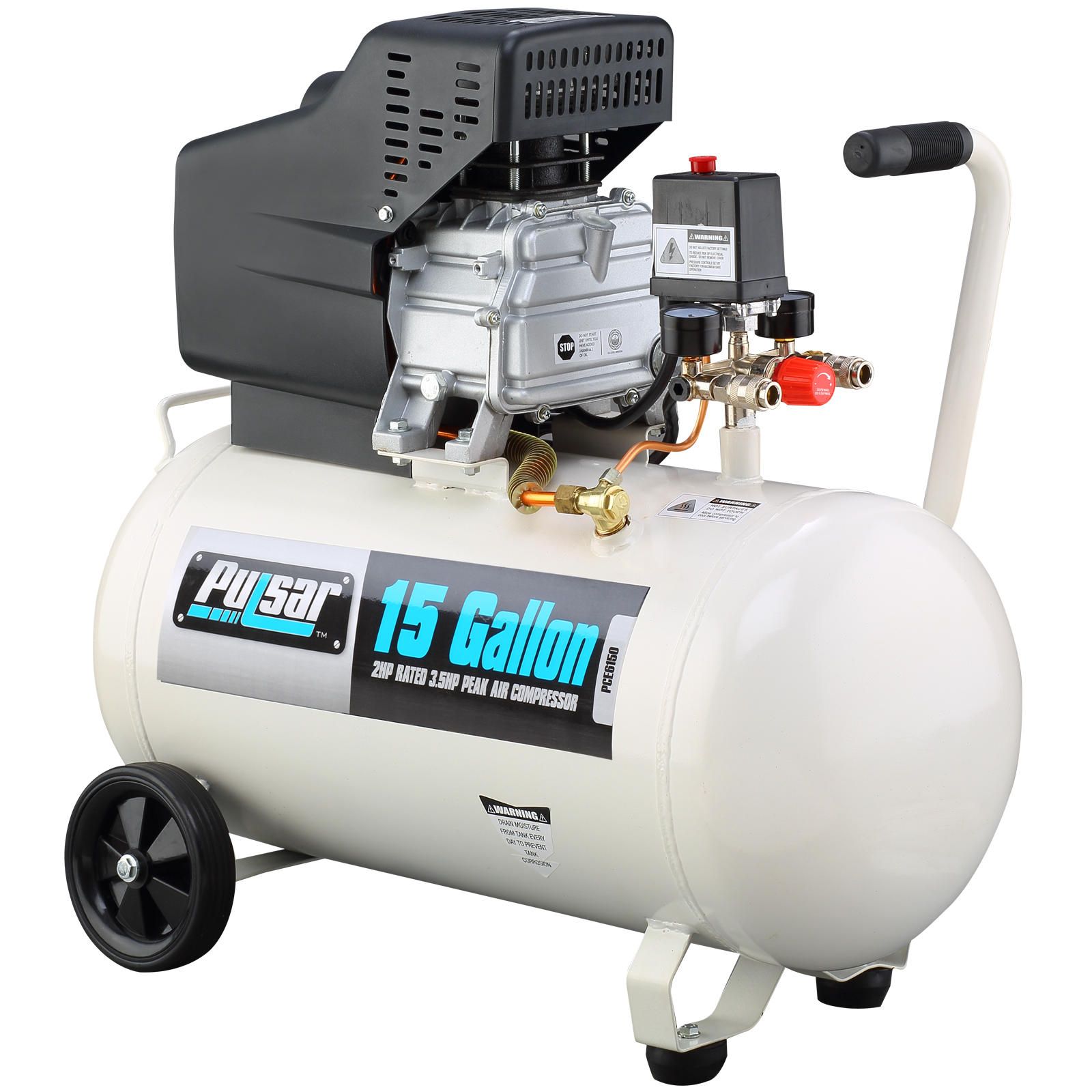 Pulsar 15 Gallon Horizontal Oil-Lube Air Compressor w/ Mobility Kit Pulsar 15 Gallon Horizontal Oil-Lube Air Compressor w/ Mobility Kit