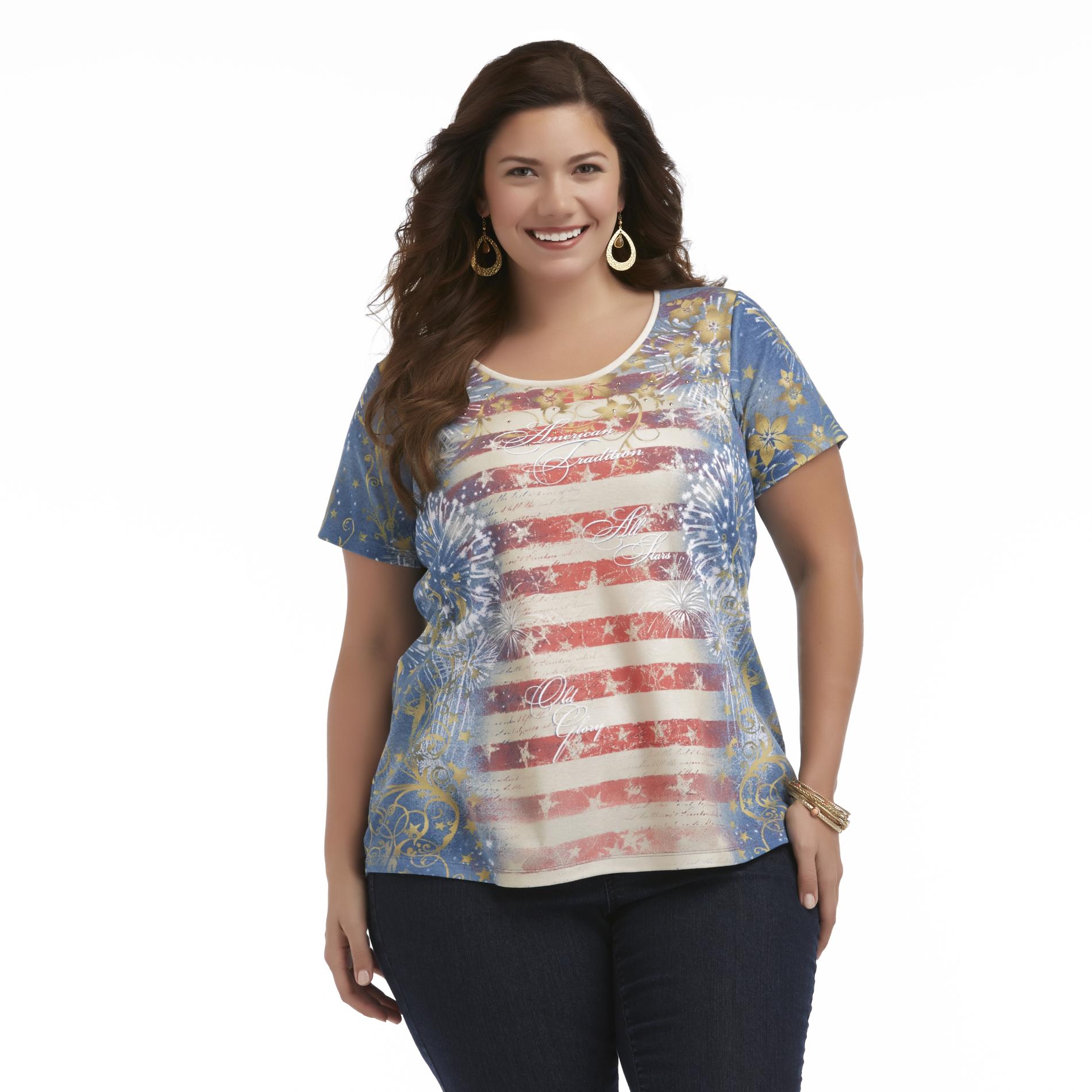 Holiday Editions Women's Plus Rhinestone Top - Fireworks & Striped