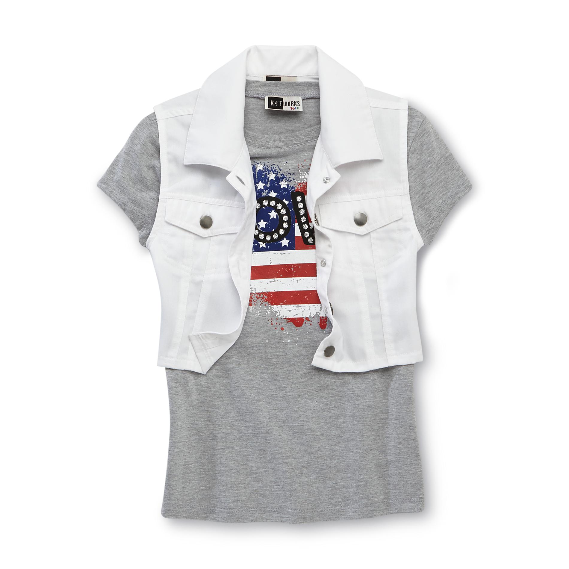 Knitworks Kids Girl's Vest & Glittered T-Shirt - Flag Heart