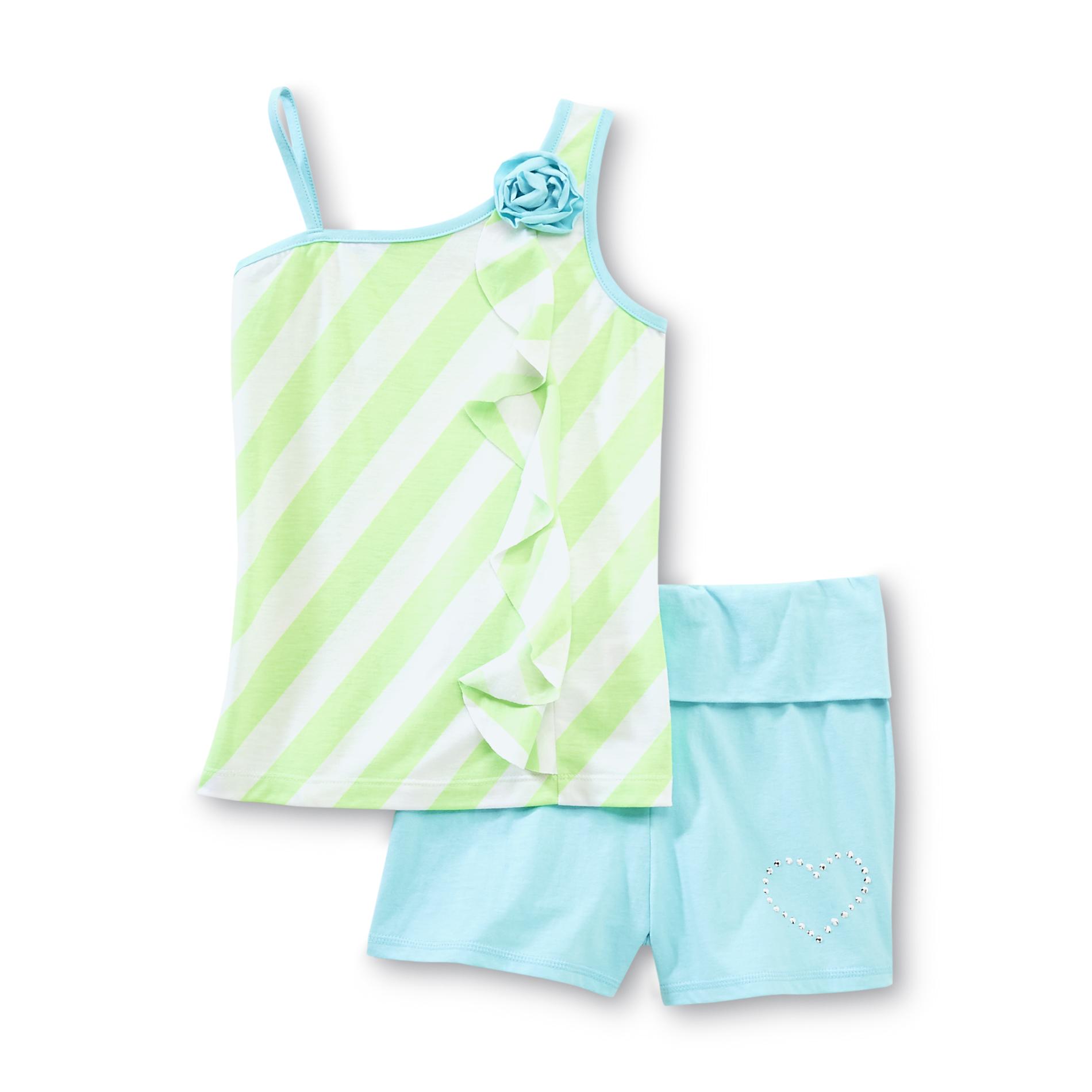Piper Girl's One-Shoulder Top & Shorts - Striped & Heart