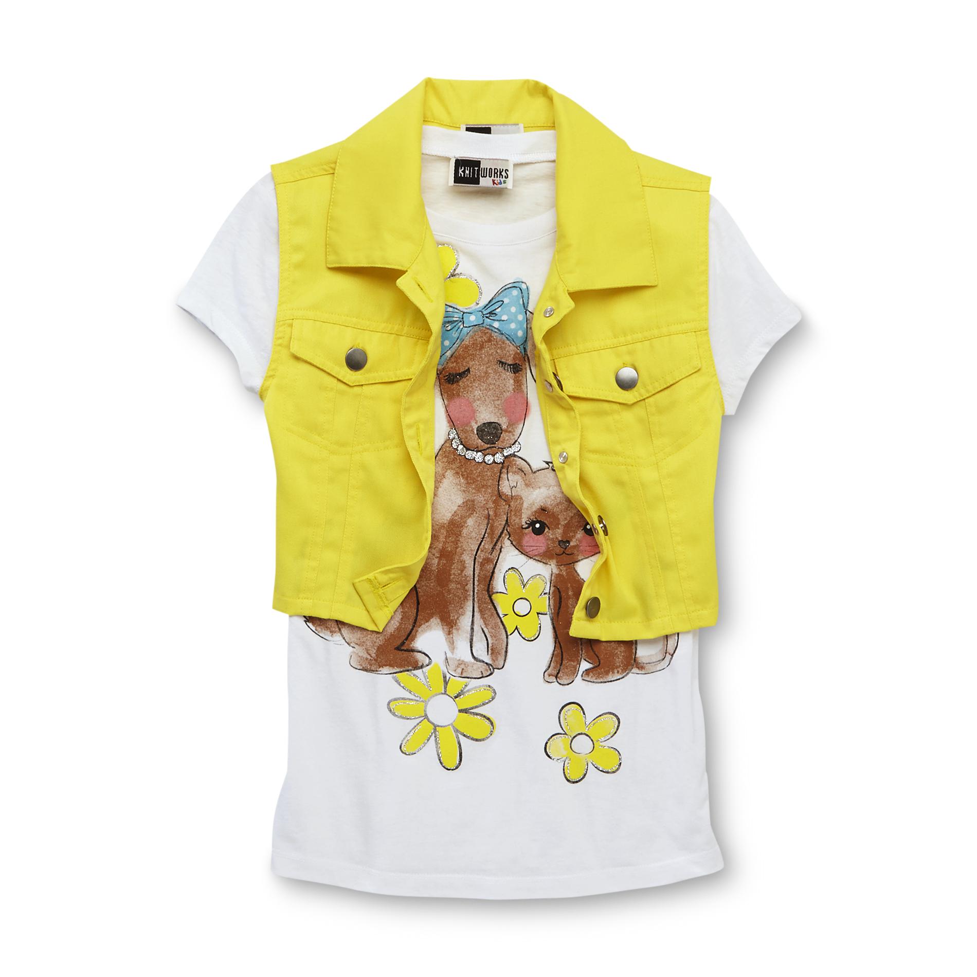 Knitworks Kids Girl's Vest & Glittered T-Shirt - Dog & Cat