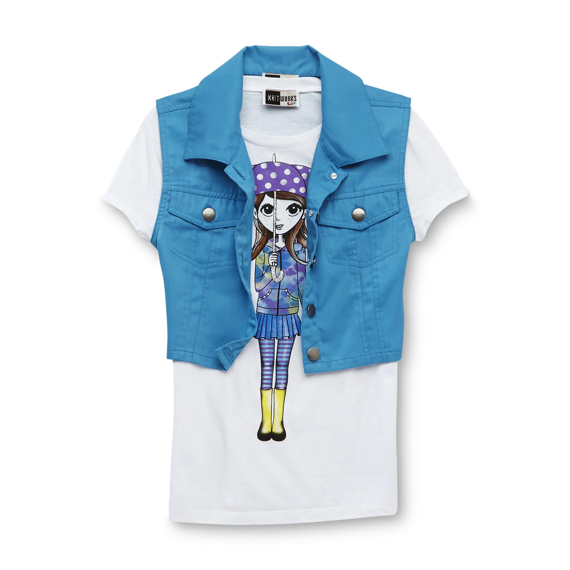 Knitworks Kids Girl's Vest & Glittered T-Shirt - Umbrella Girl