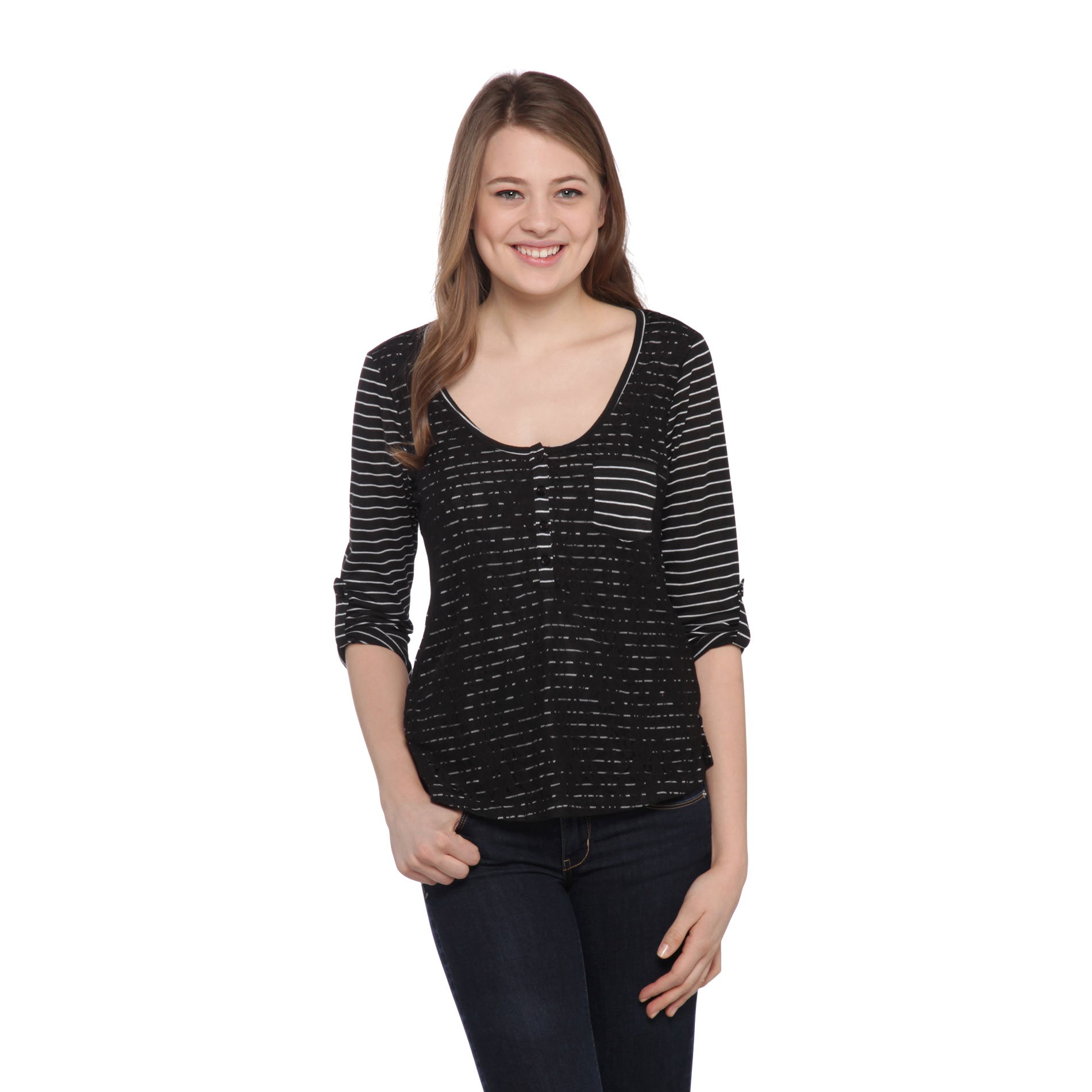 Bongo Junior's Tab-Sleeve Henley Top - Lace & Striped