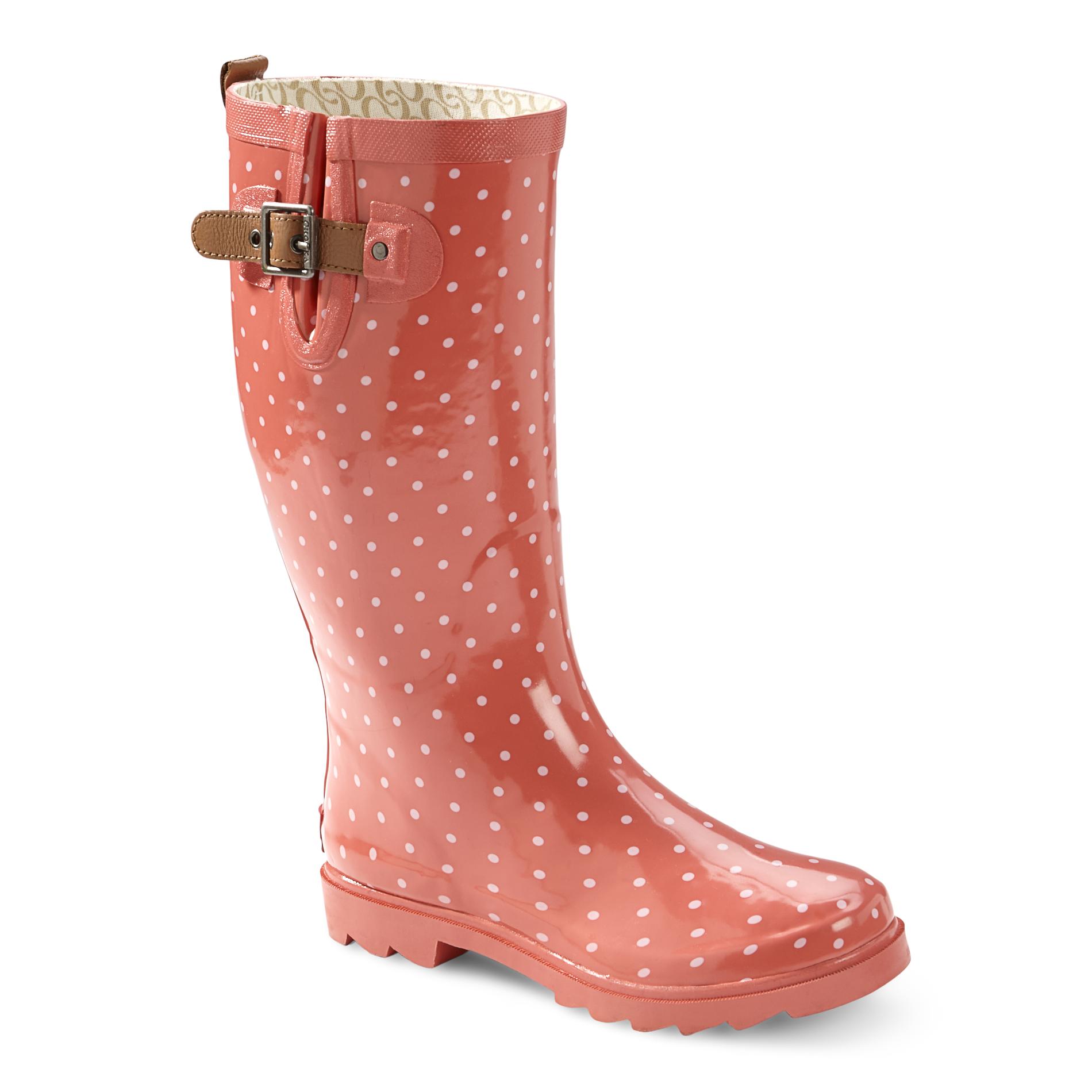 Chooka Women's 12" Pink Rubber Rain Boots - Polka Dot