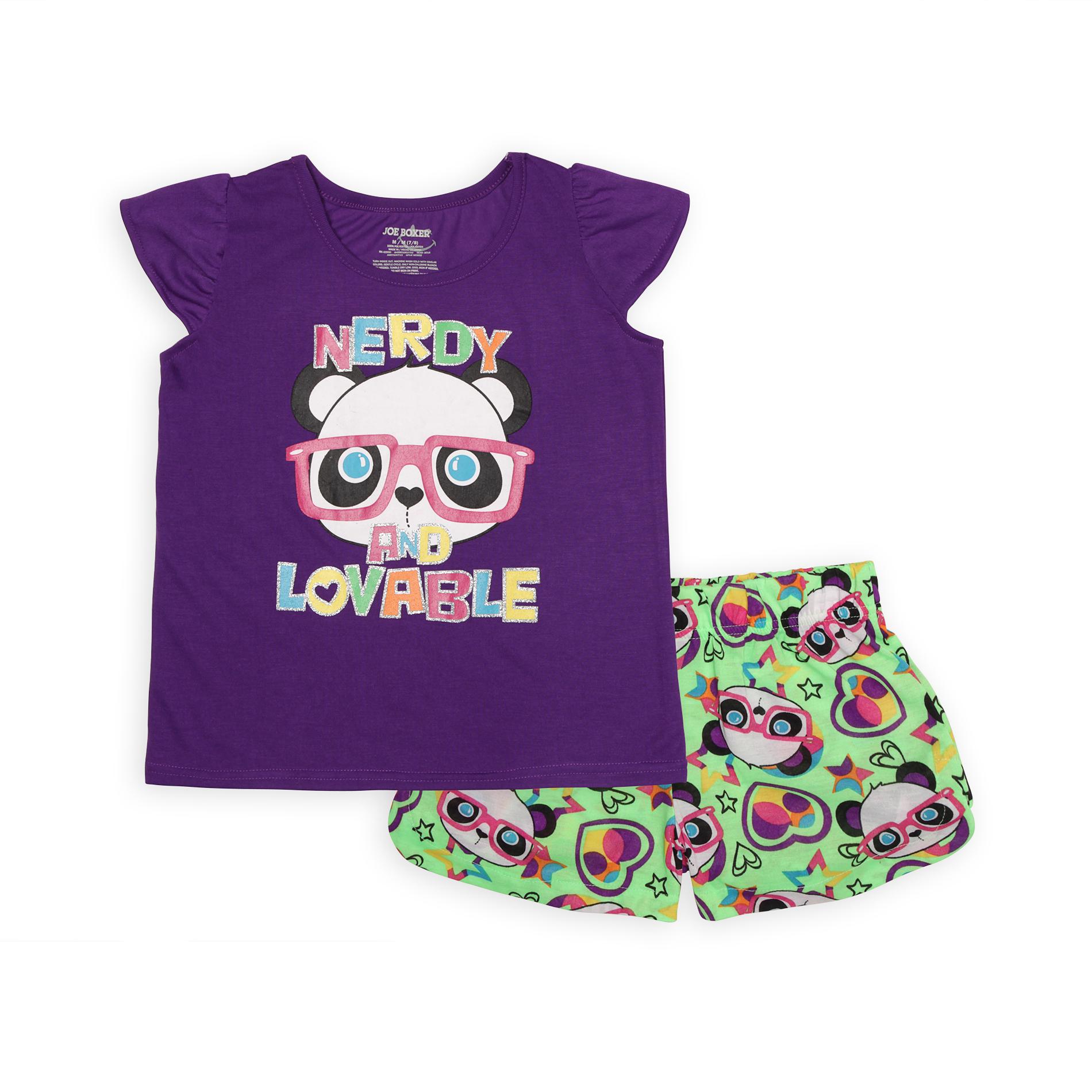 Joe Boxer Girl's Graphic Pajama Top & Shorts - Pandas  Hearts & Stars