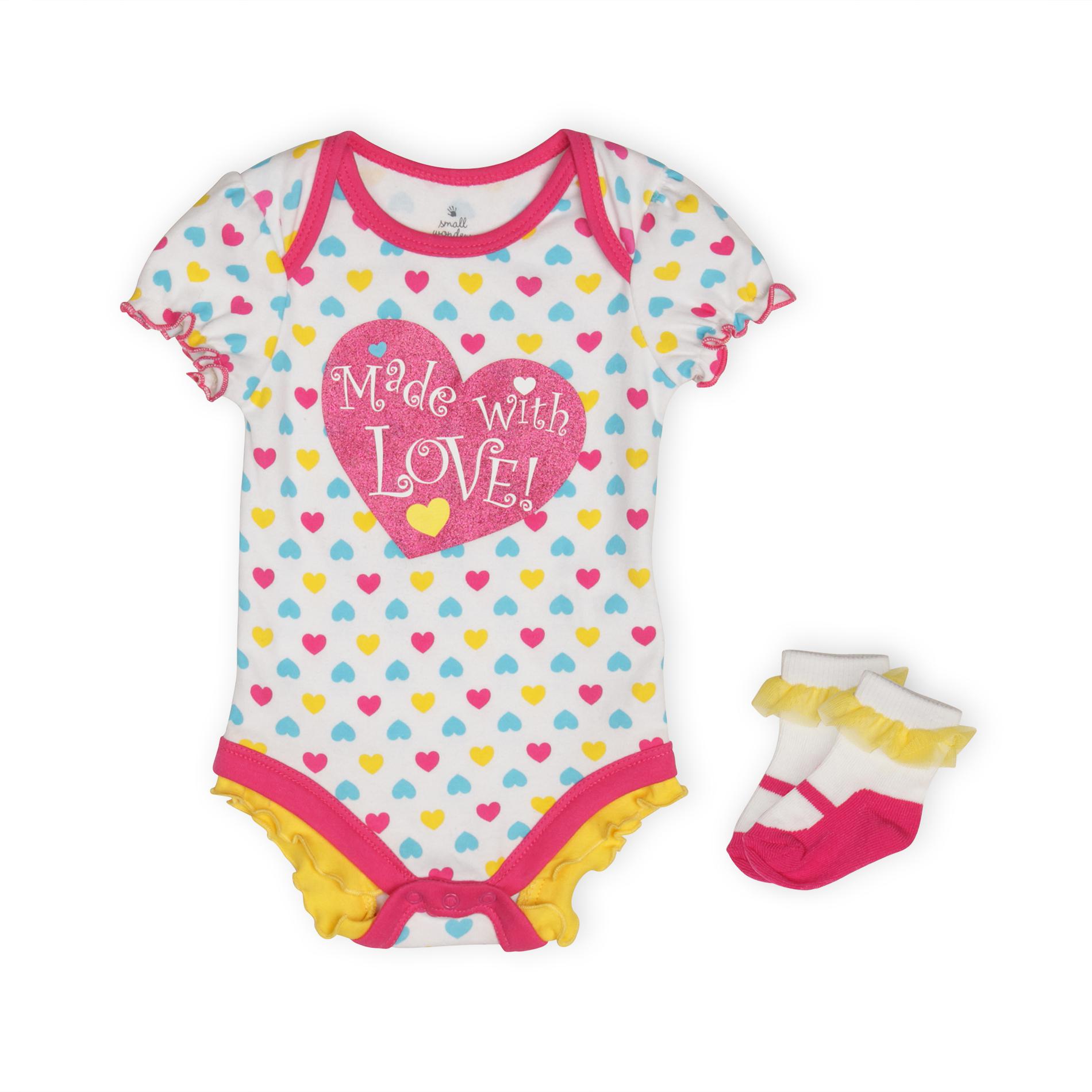 Small Wonders Newborn Girl's Bodysuit & Ruffle Socks - Heart Print