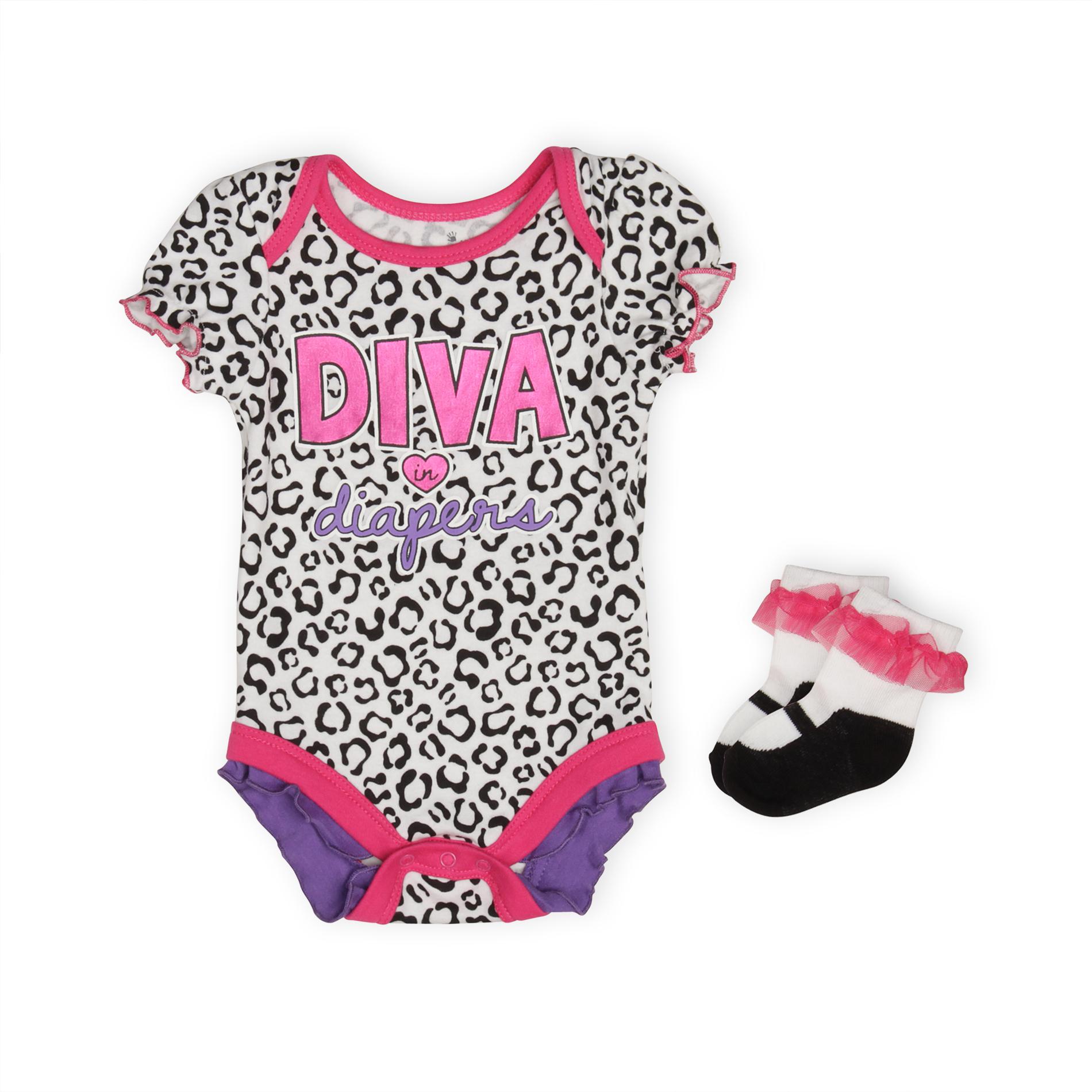 Small Wonders Newborn Girl's Bodysuit & Ruffle Socks - Leopard Print
