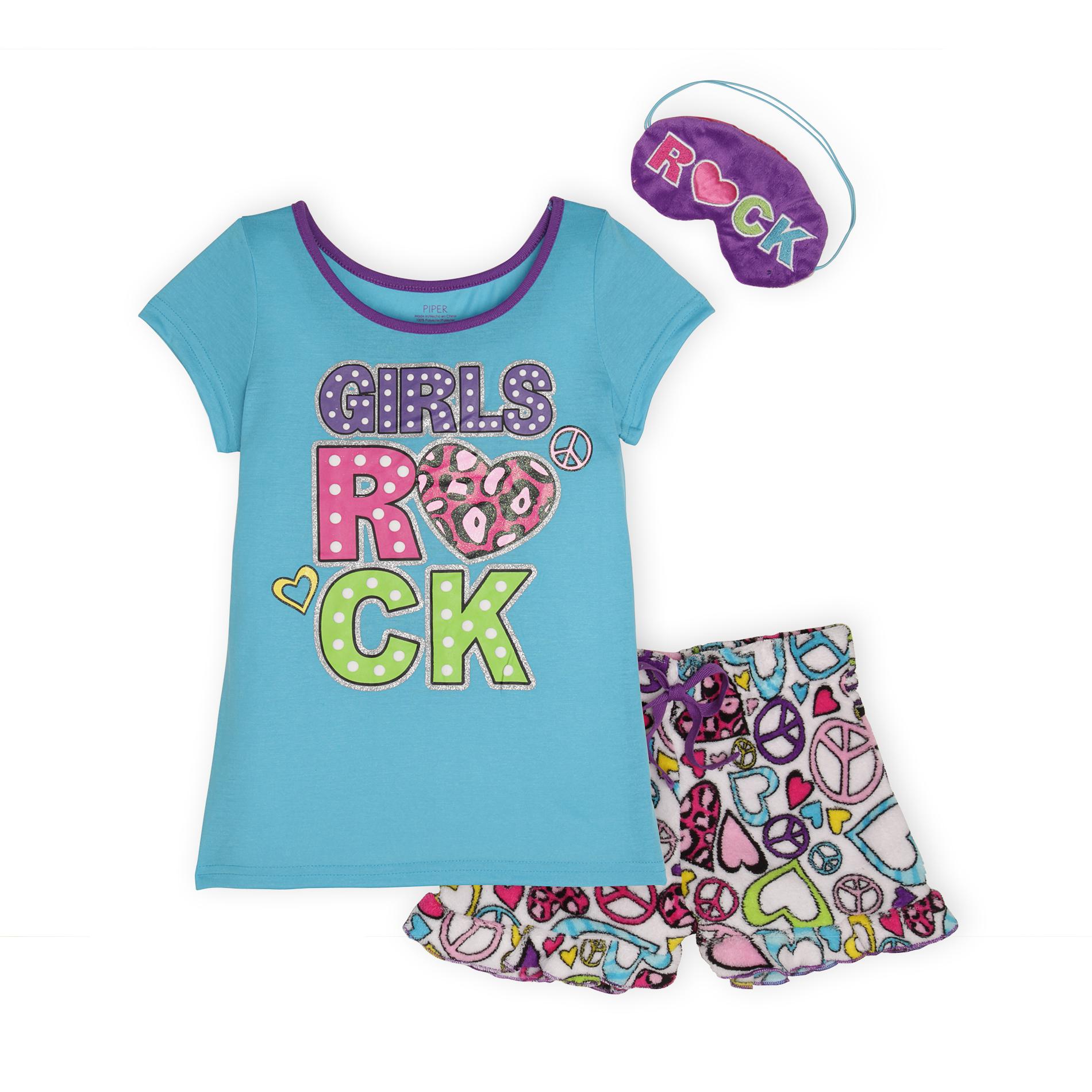 Piper Girl's Pajama Shirt  Shorts & Sleep Mask - Girls Rock