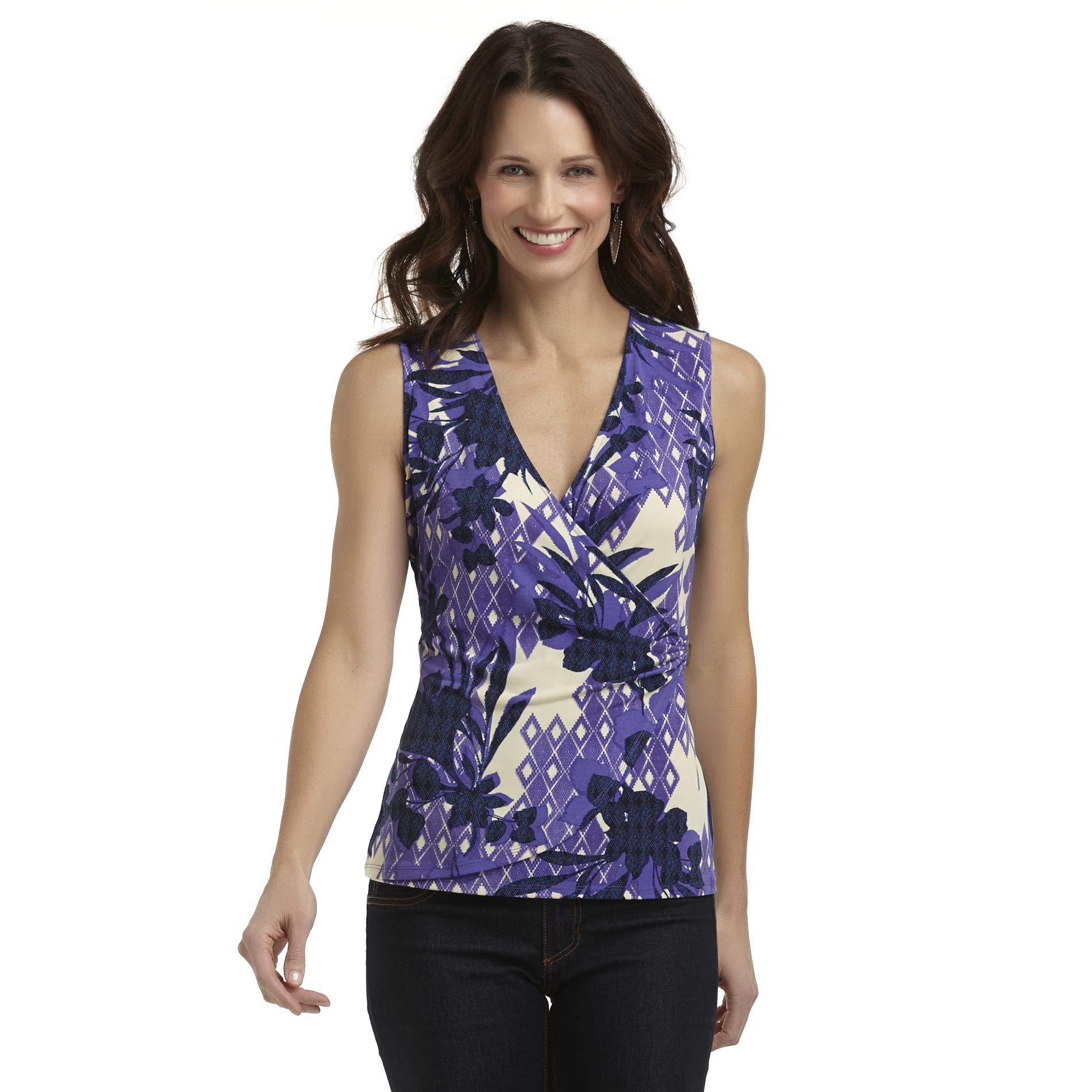 Jaclyn Smith Women's Crossover Top - Floral & Diamond Print
