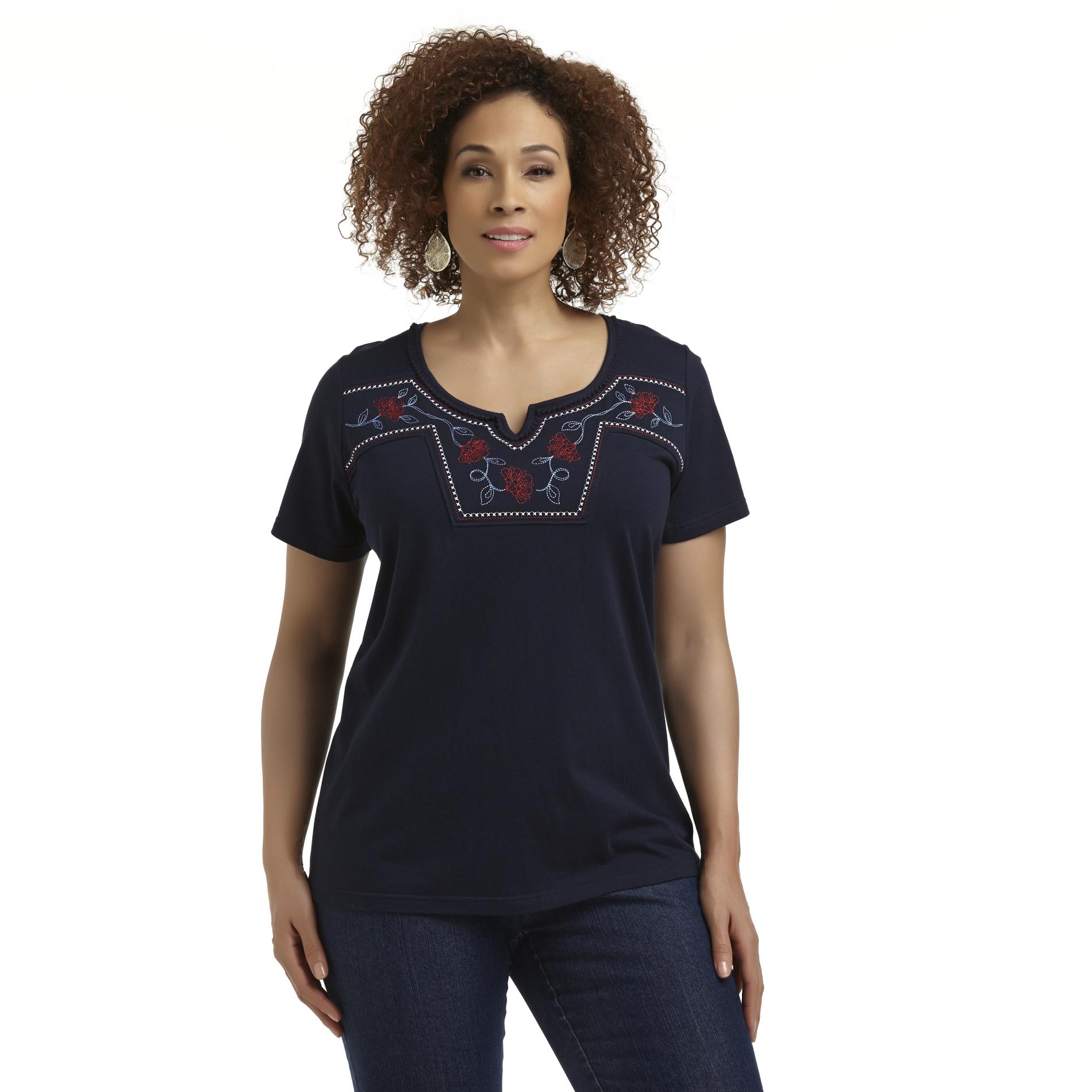 Basic Editions Women's Plus Split-Neck Top - Floral Embroidery