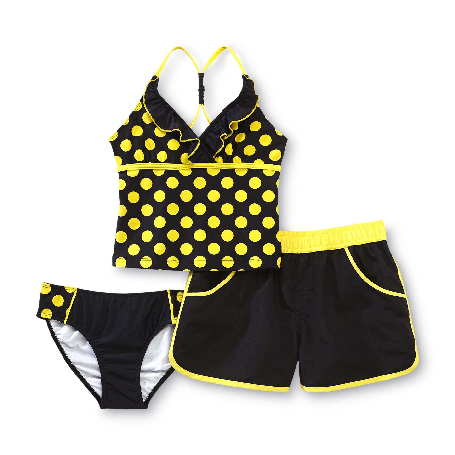 Joe Boxer Girl's 3-Piece Tankini Swimsuit Set - Two-Tone Polka Dots