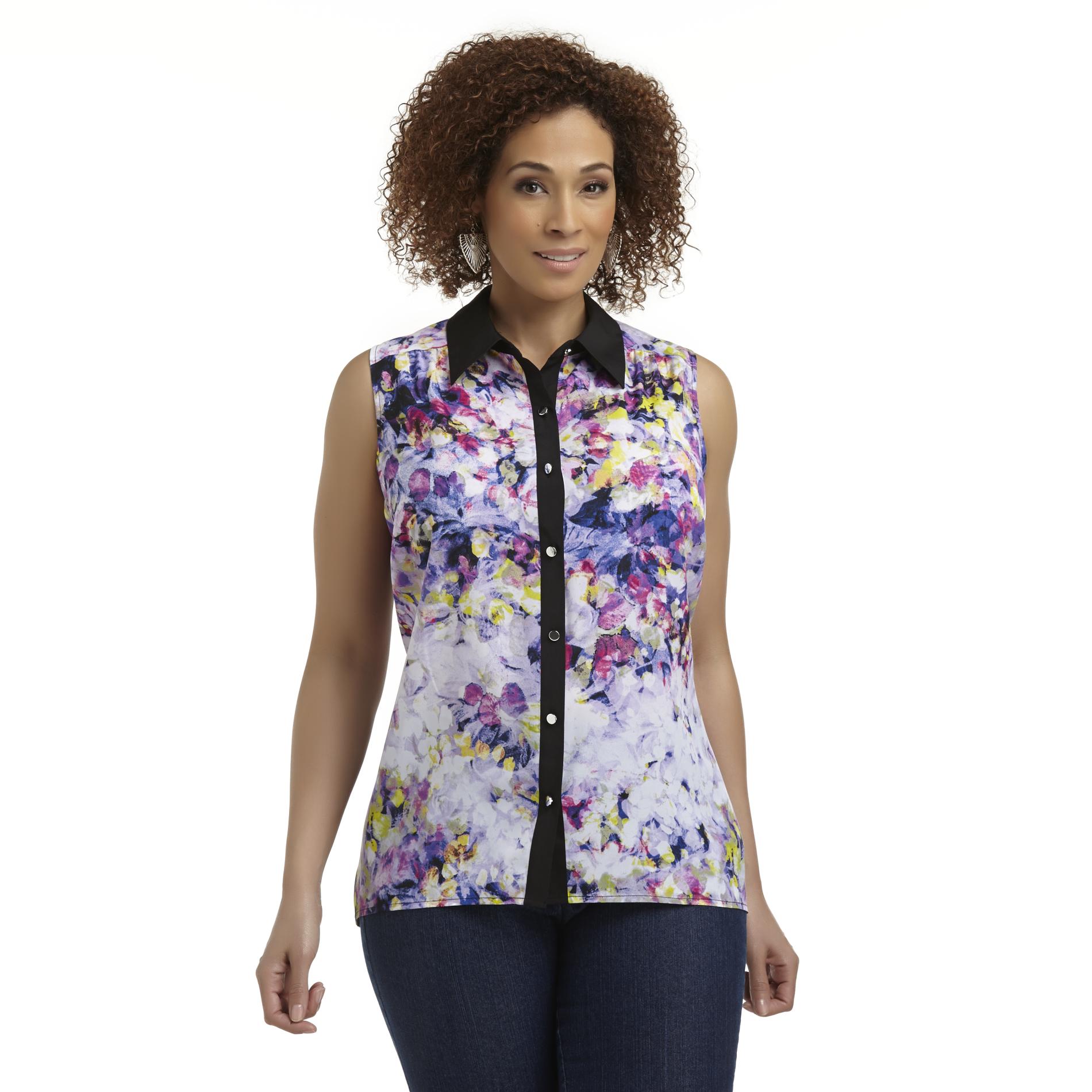 Jaclyn Smith Women's Plus Sleeveless Button-Front Blouse - Floral Print