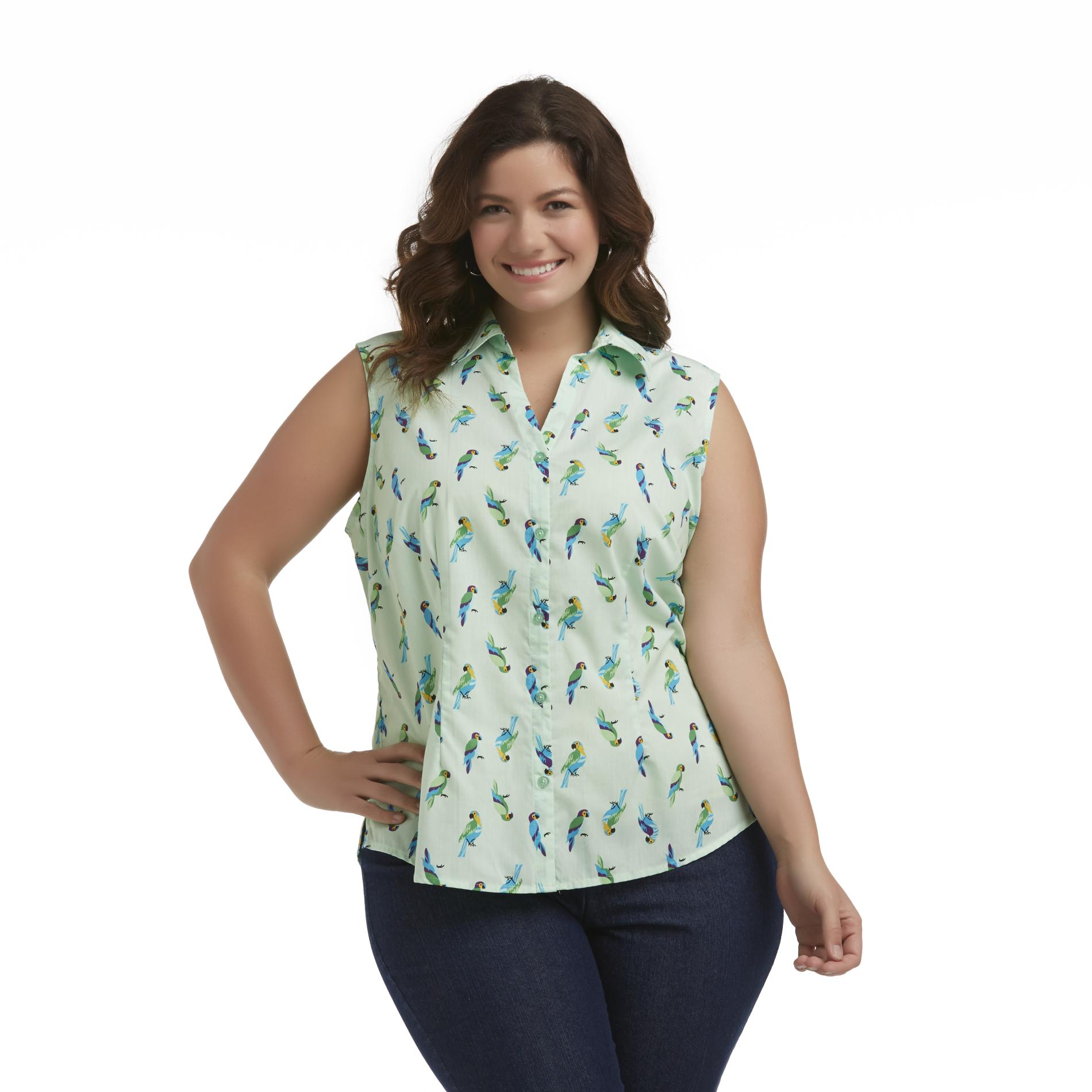 Basic Editions Women's Plus Sleeveless Camp Shirt - Parrots Print