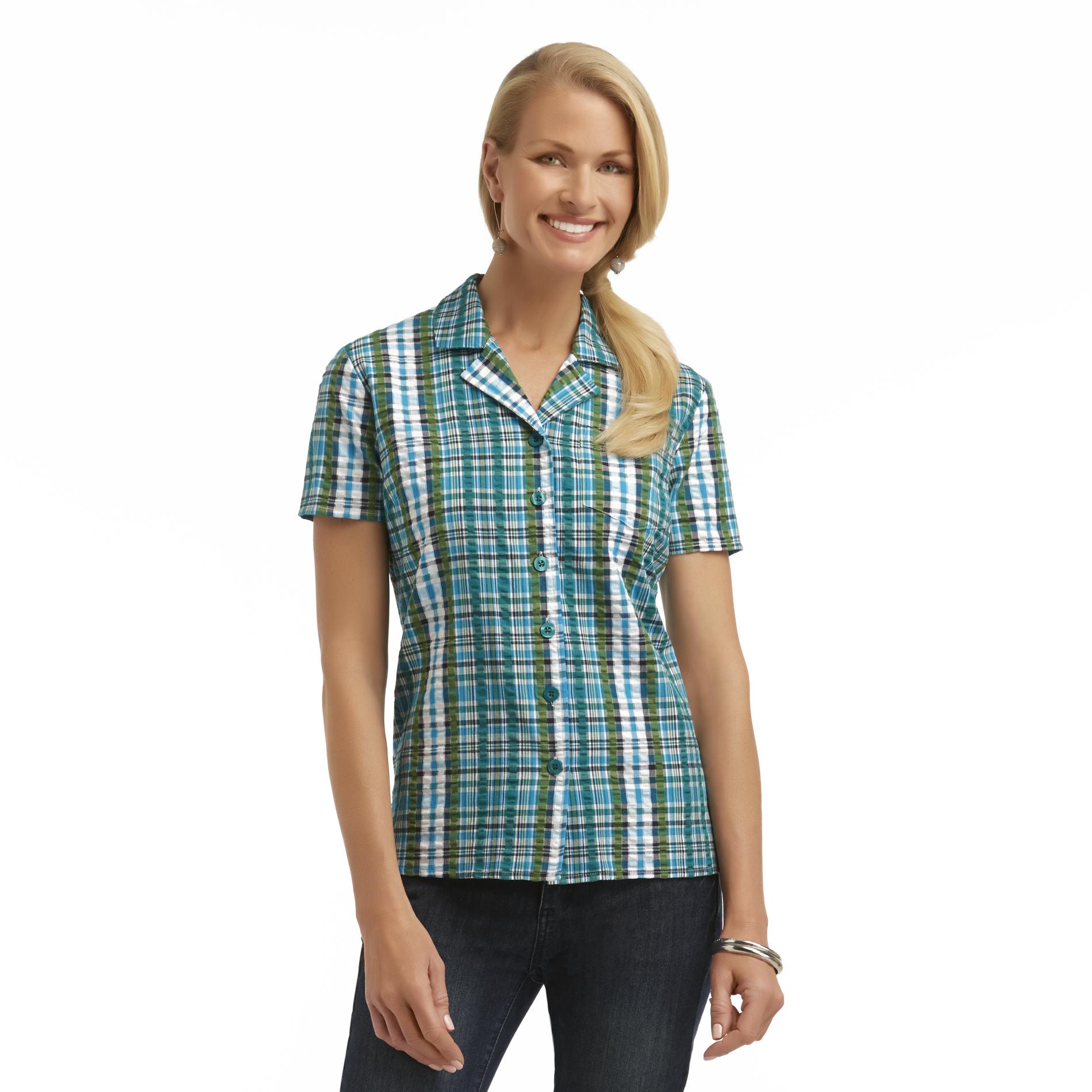 Basic Editions Women's Seersucker Camp Shirt Plaid