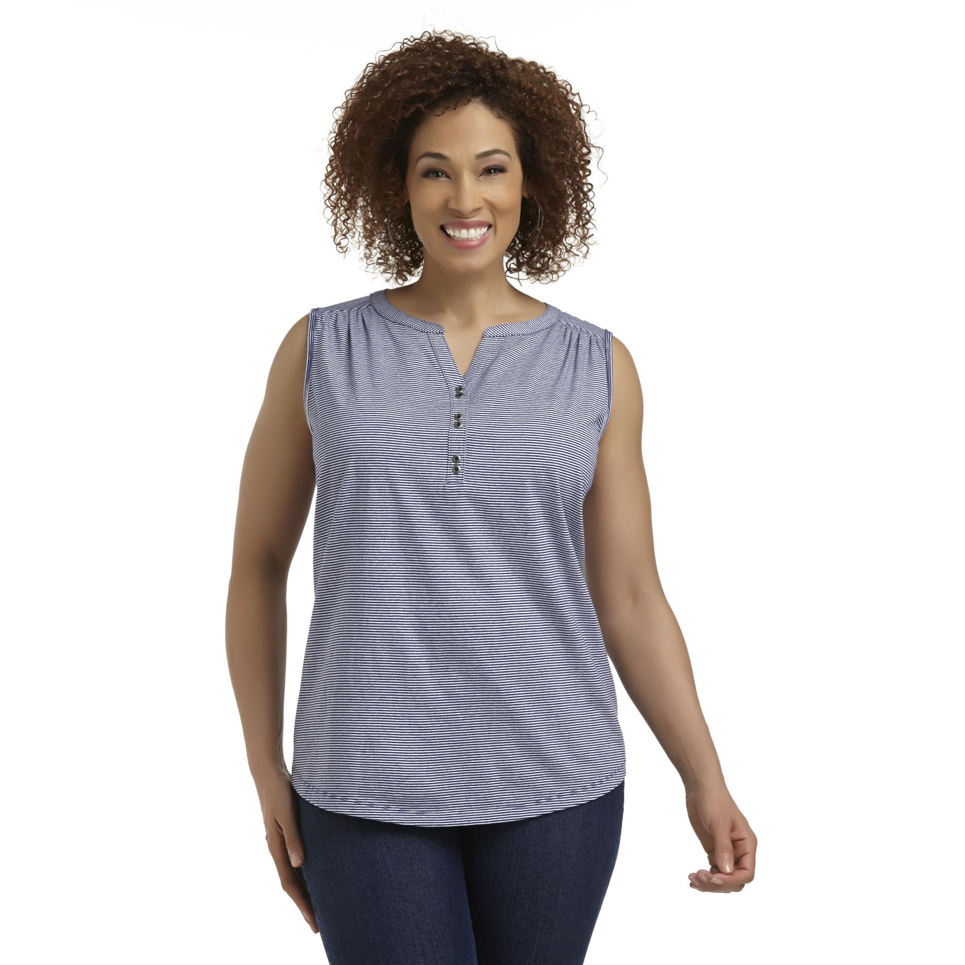 Basic Editions Women's Plus Henley Tank Top - Striped