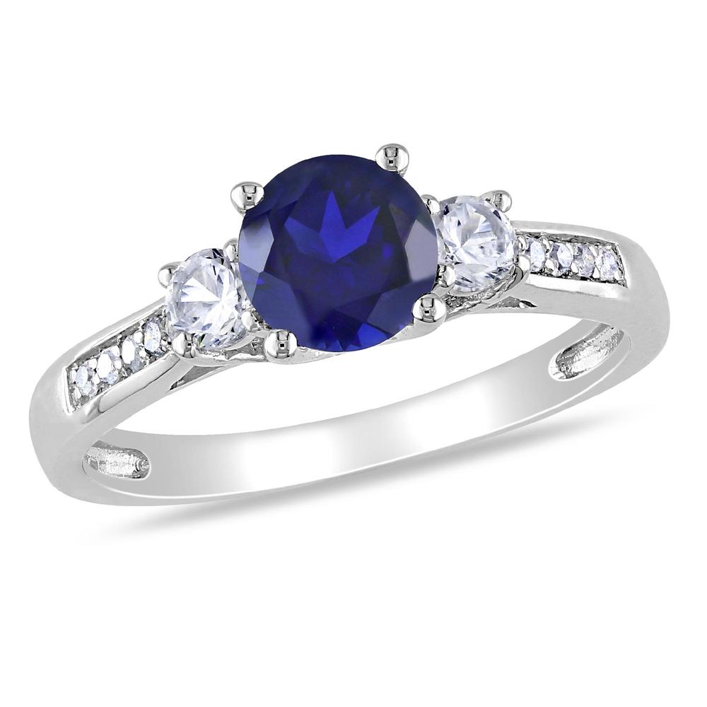 1.4 Cttw. 10k White Gold Created Blue and White Sapphire and Diamond Accent Three-Stone Engagement Ring (G-H  I2-I3)