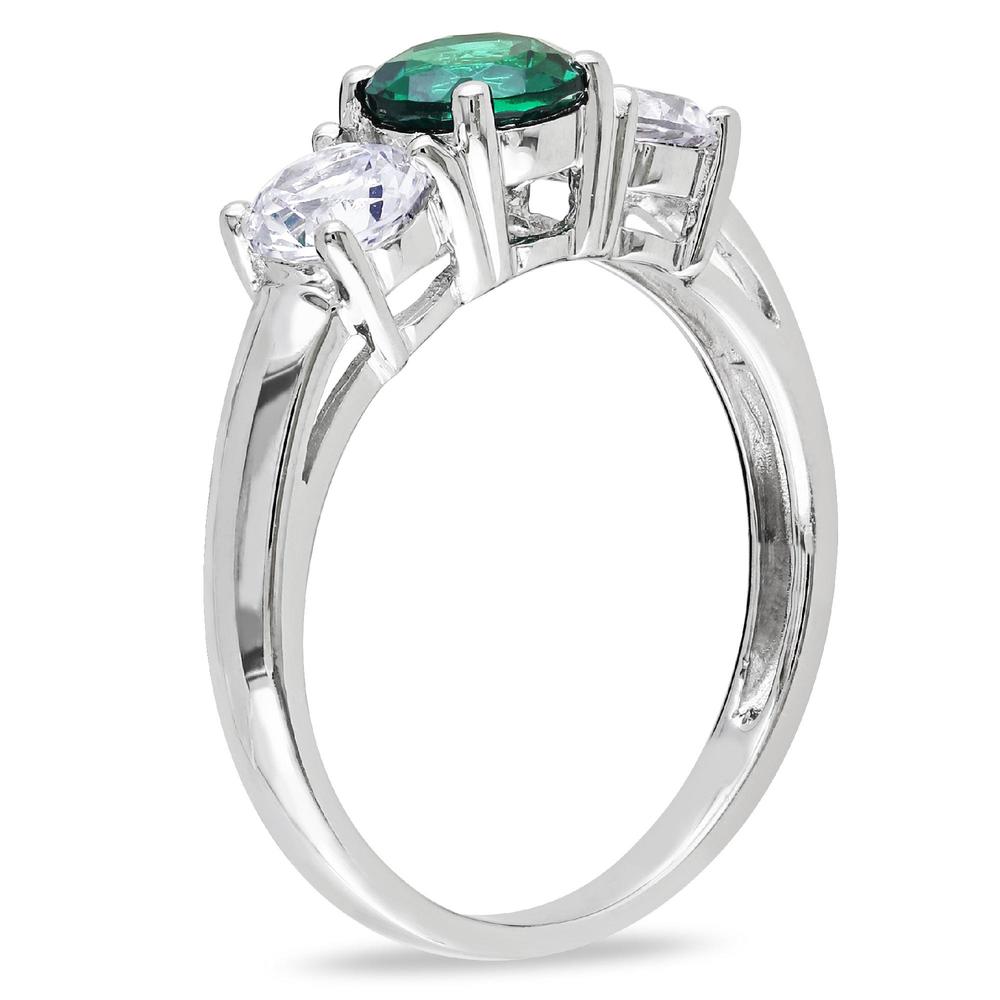 2.1 Cttw. 10k White Gold Created Emerald and Created White Sapphire Three-Stone Ring