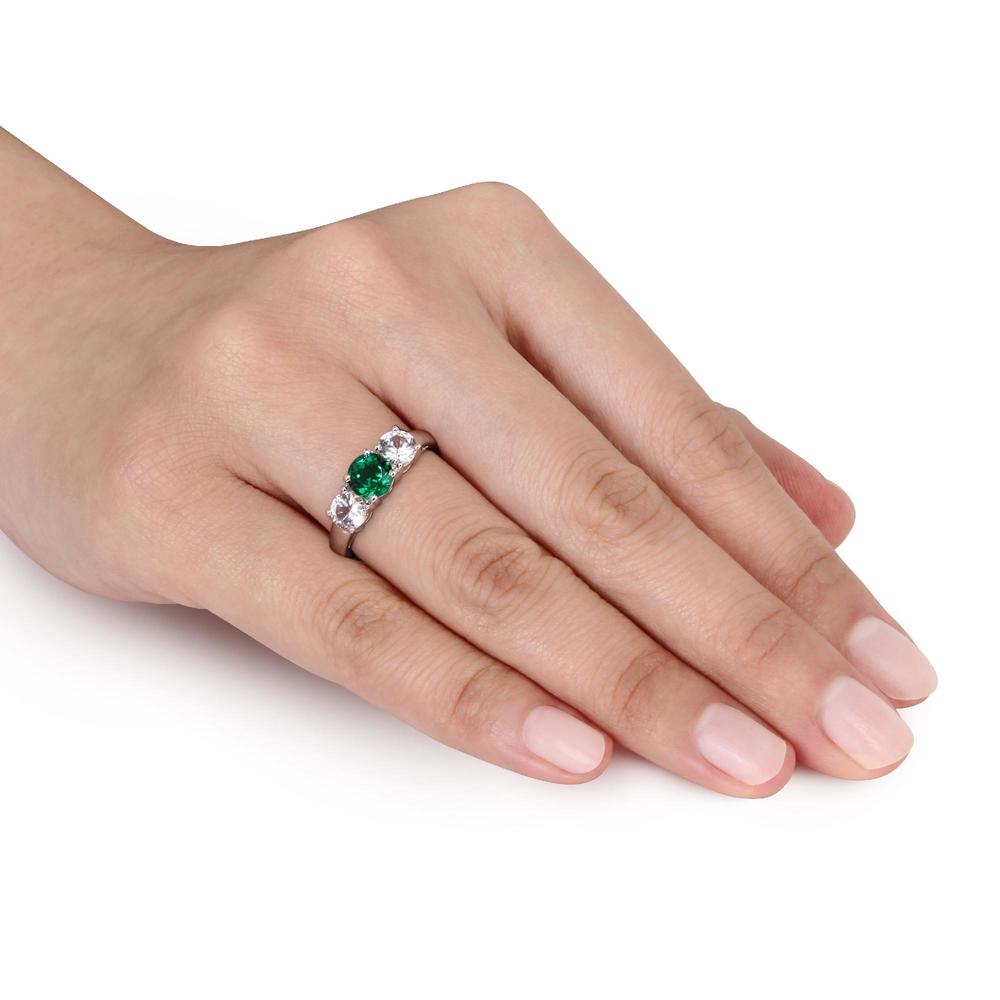 2.1 Cttw. 10k White Gold Created Emerald and Created White Sapphire Three-Stone Ring