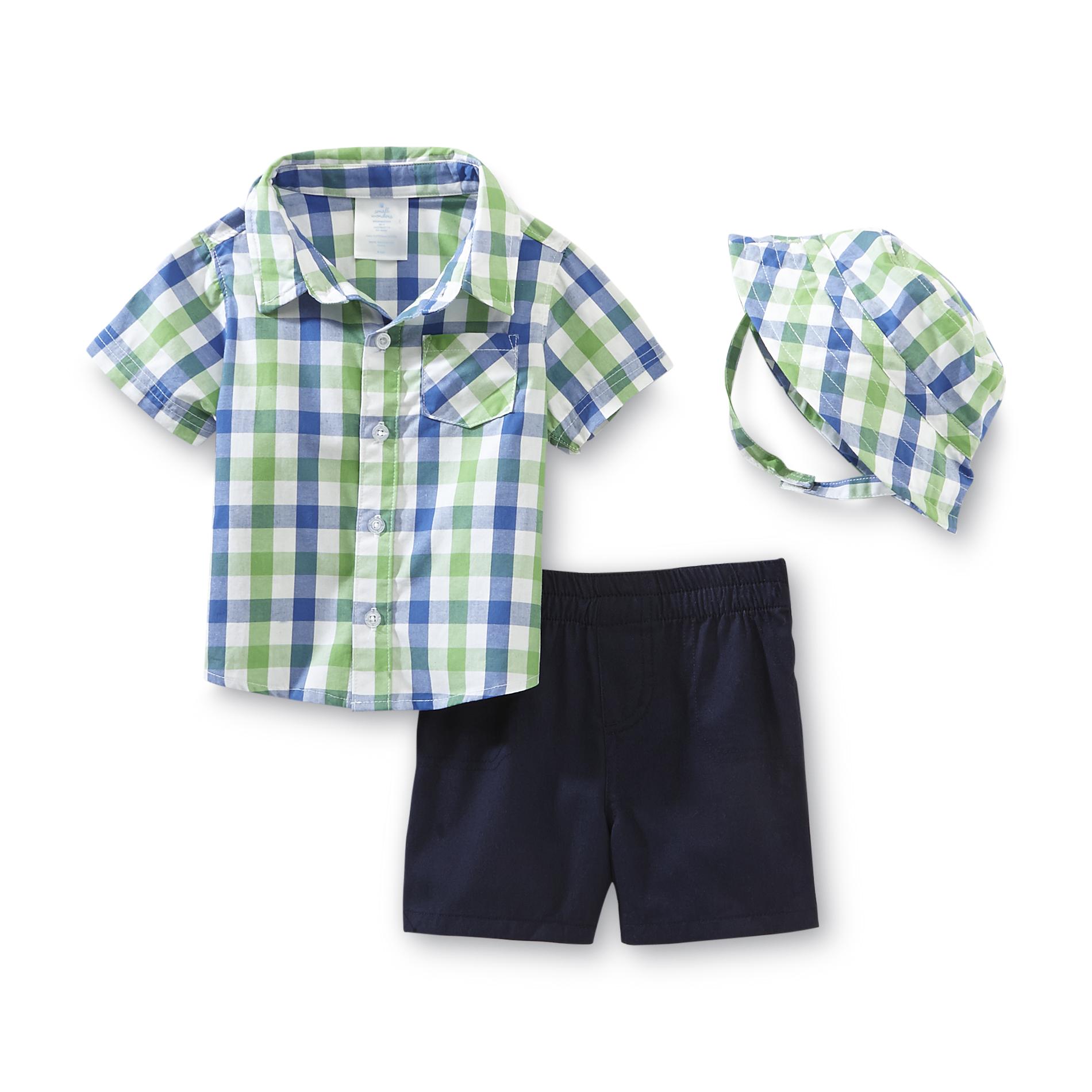 Small Wonders Newborn Boy's Shirt  Shorts & Sun Hat - Plaid