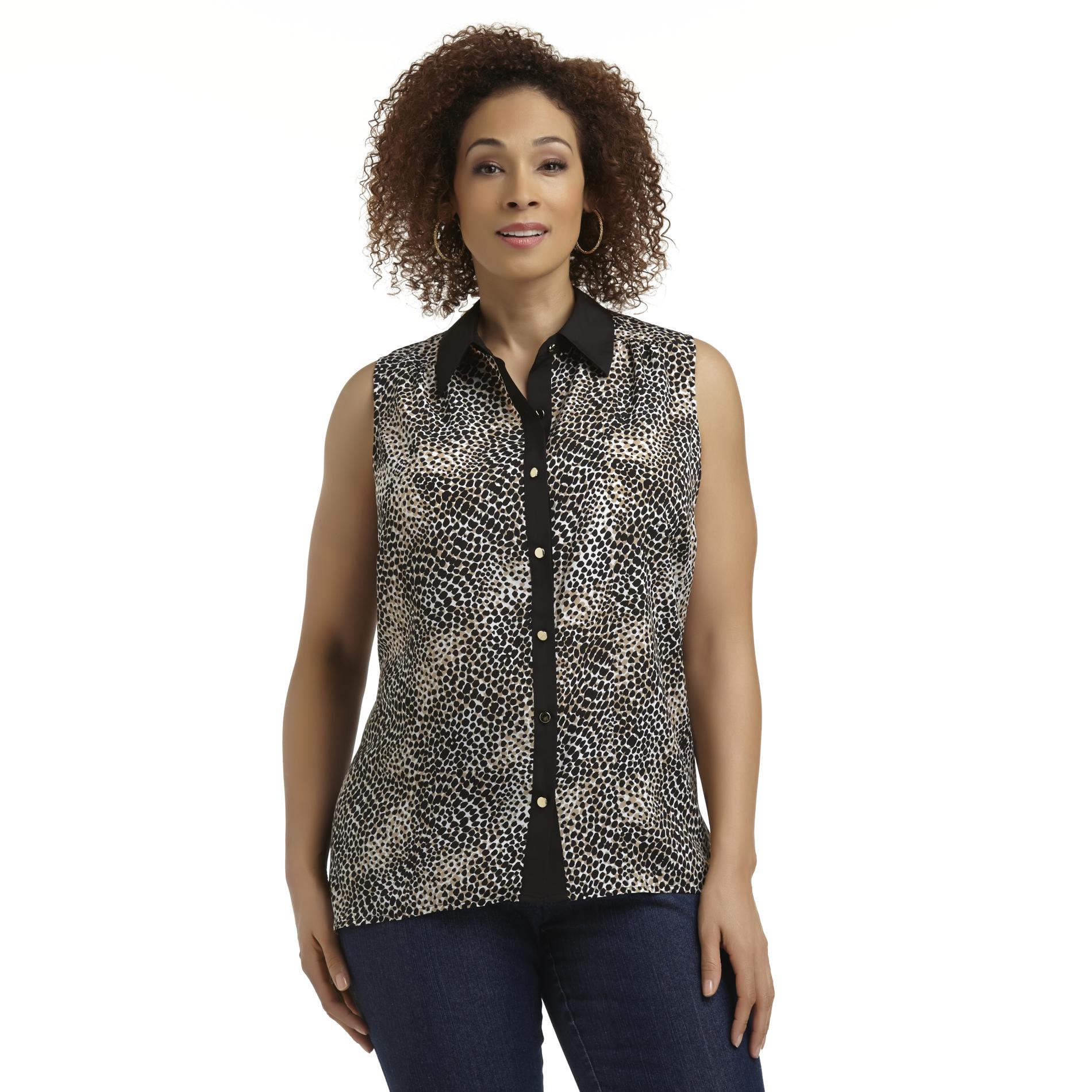 Jaclyn Smith Women's Plus Sleeveless Button-Front Blouse - Animal Print