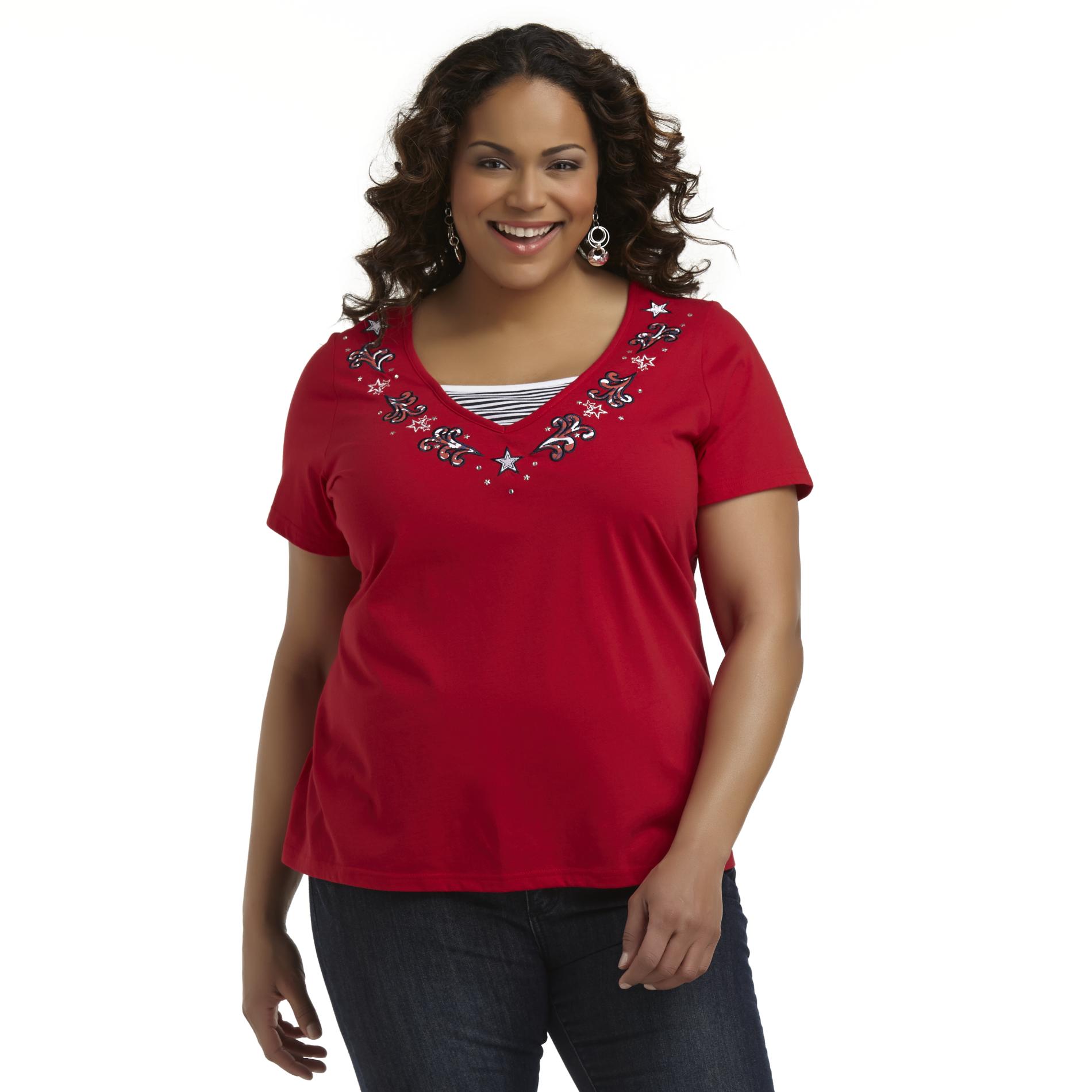 Holiday Editions Women's Plus Patriotic Layered-Look V-Neck T-Shirt