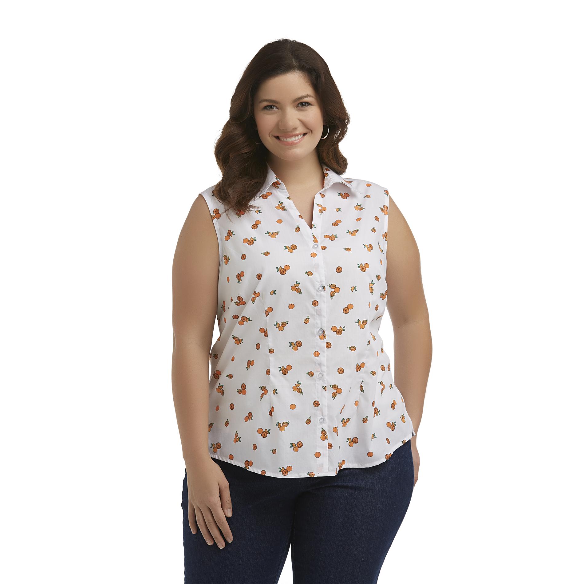 Basic Editions Women's Plus Sleeveless Camp Shirt - Oranges Print