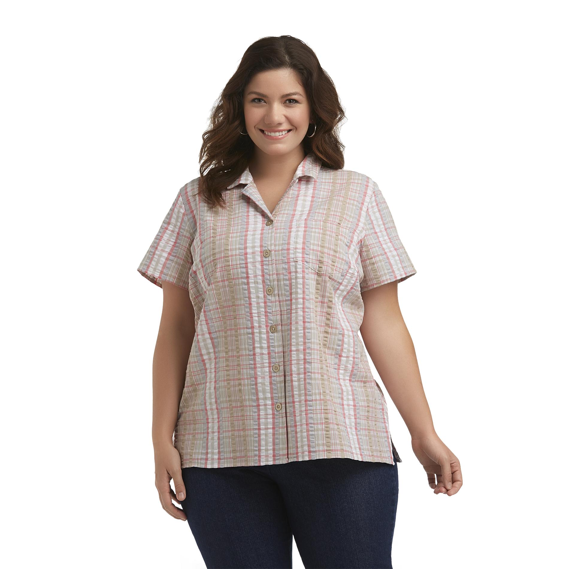 Basic Editions Women's Plus Seersucker Camp Shirt Plaid