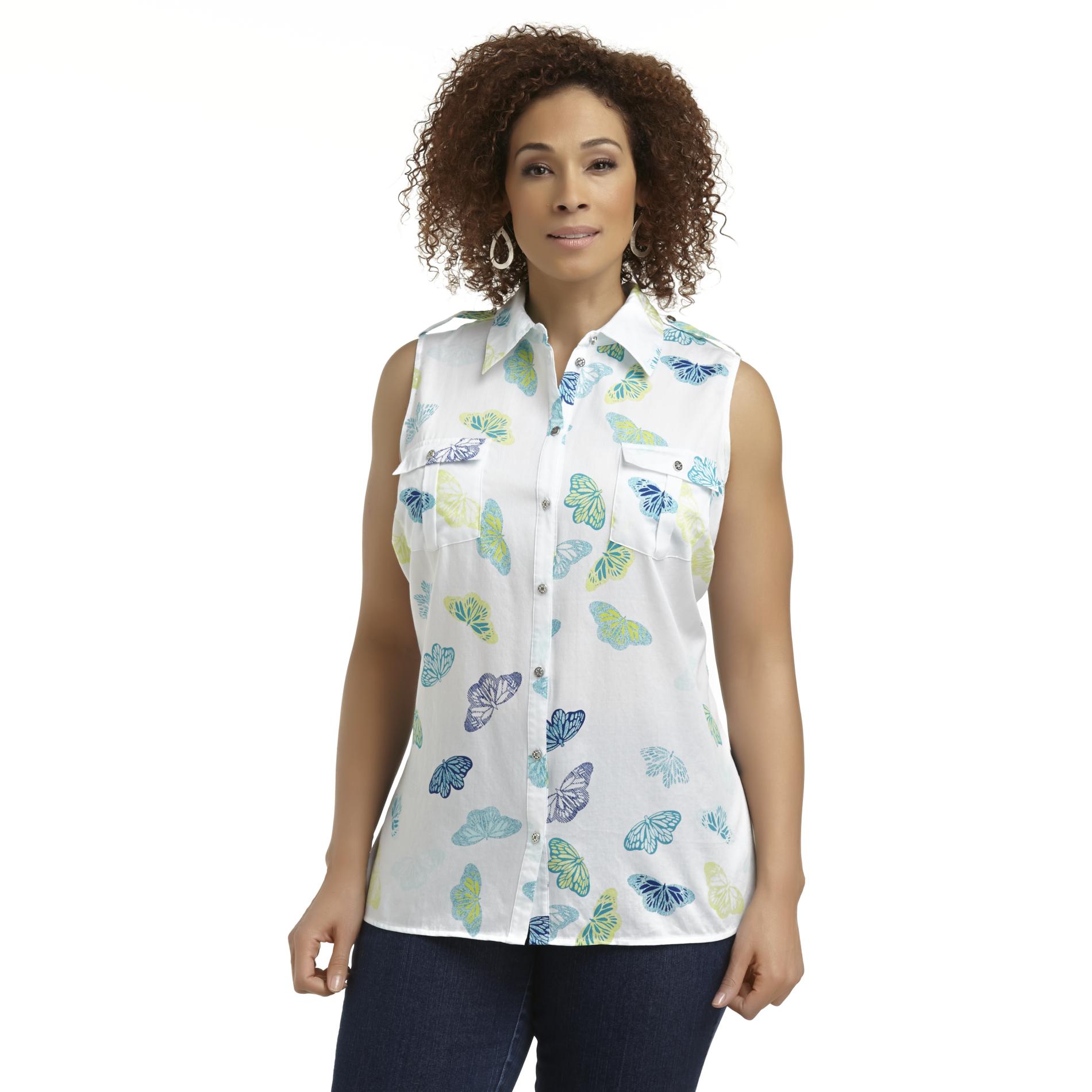 Jaclyn Smith Women's Plus Sleeveless Utility Shirt - Butterflies