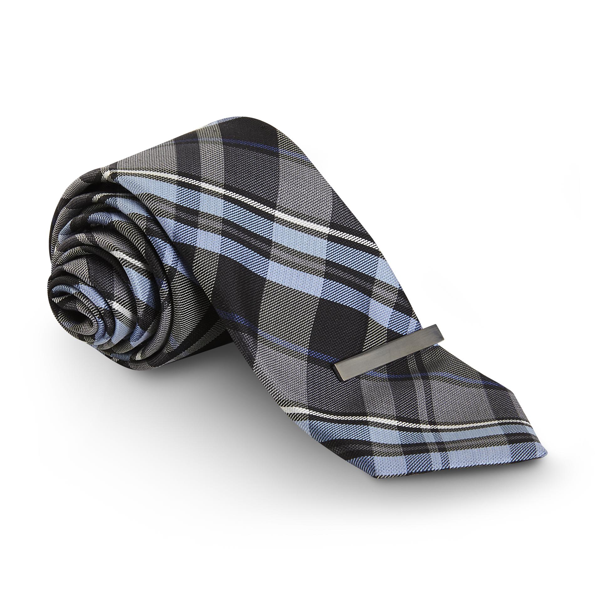 Structure Men's Narrow Necktie & Tie Clip - Plaid