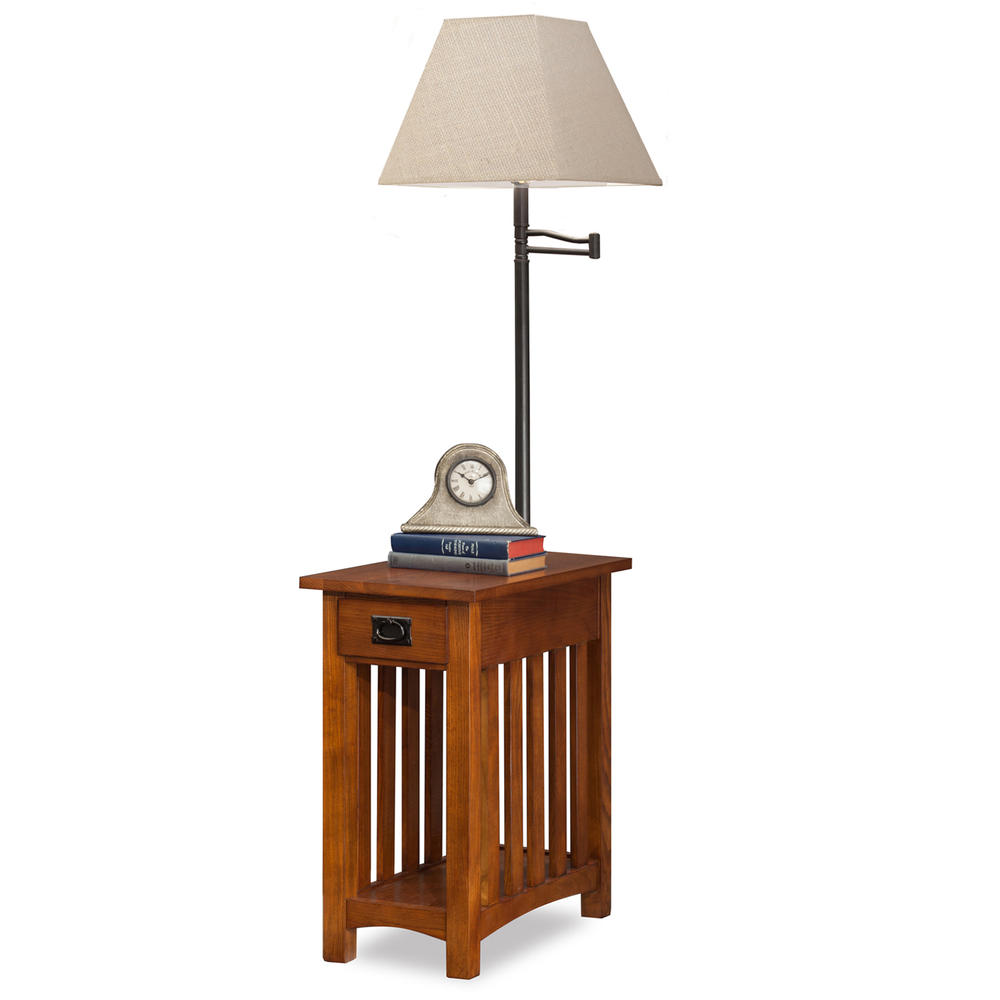 Leick Mission Chairside Swing Arm Lamp Table with Burlap Shade - Medium Oak