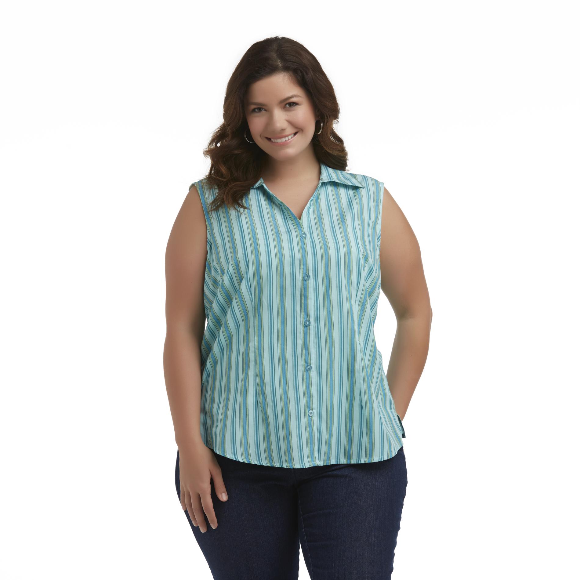 Basic Editions Women's Plus Sleeveless Camp Shirt - Striped