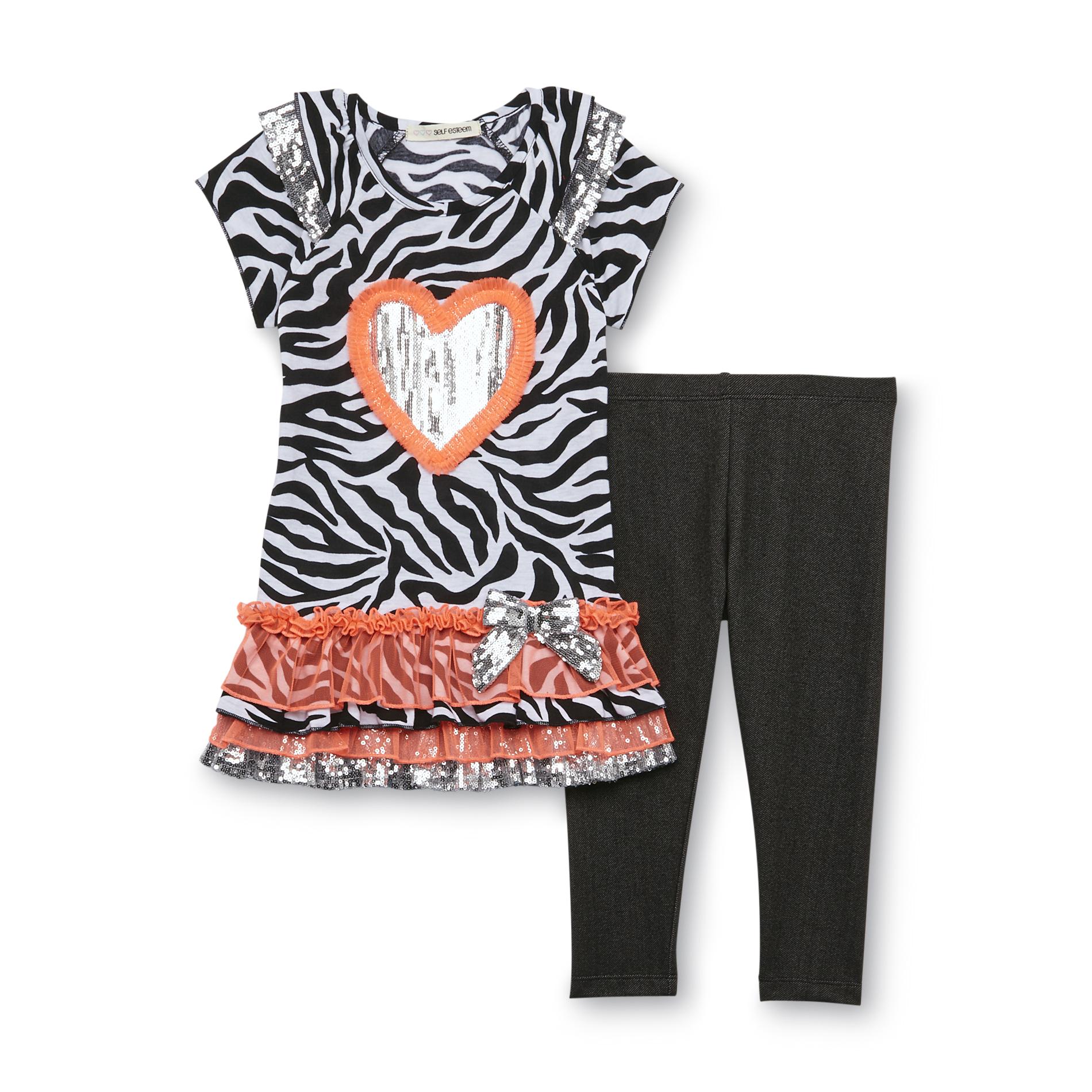 Self Esteem Girl's Sequined Tunic & Jeggings - Zebra-Striped Heart
