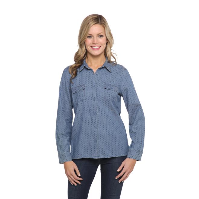 Jaclyn Smith Women's Denim Camp Shirt Polka Dots