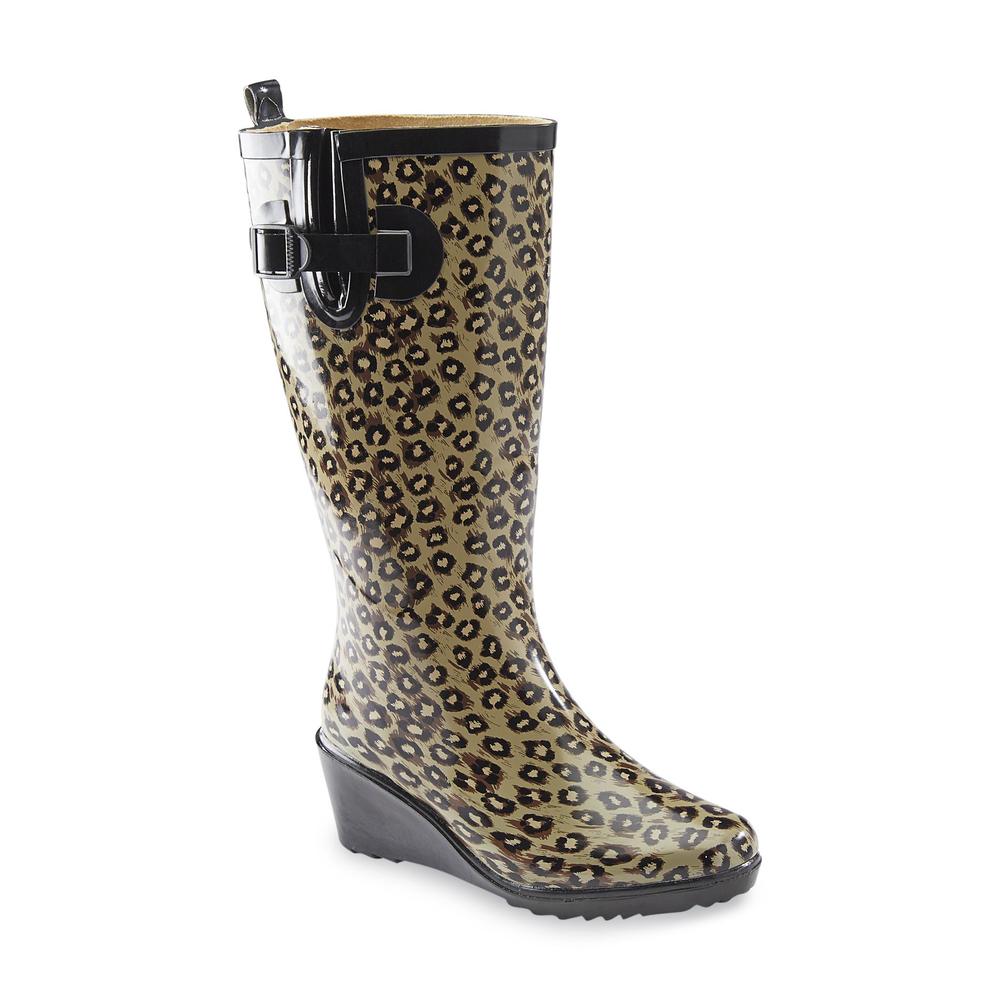 &nbsp; Women's Rainwater 12" Brown/Leopard-Print Wedge Rain Boot