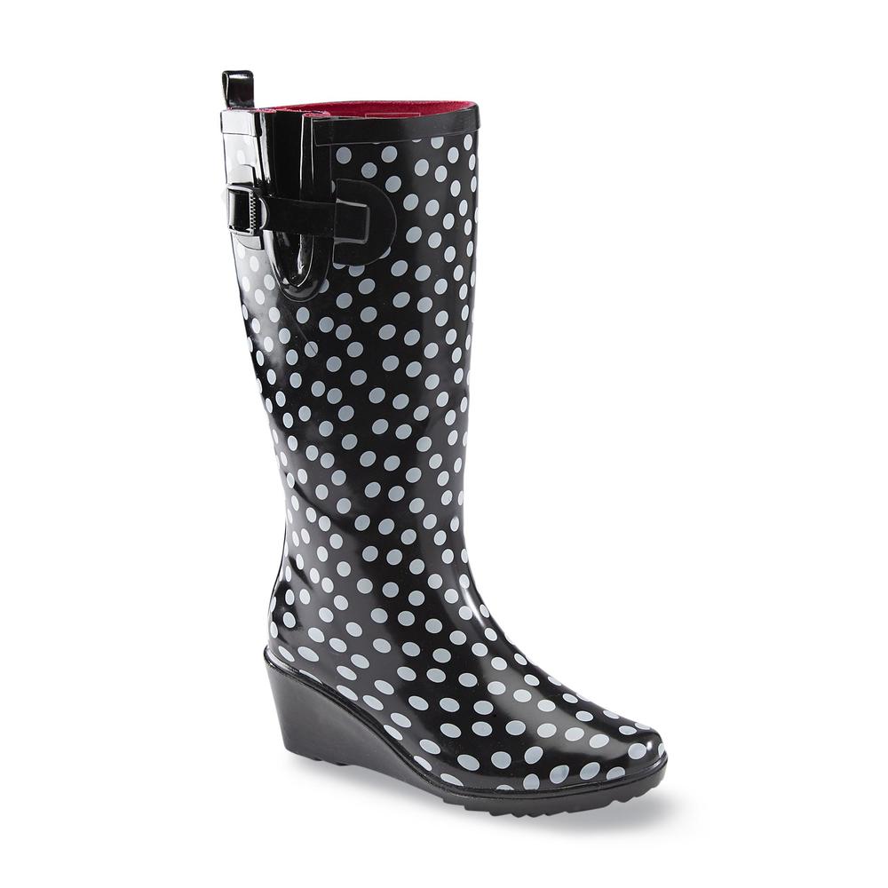 &nbsp; Women's Rainfall 12" Black/Polka-Dot Wedge Rain Boot
