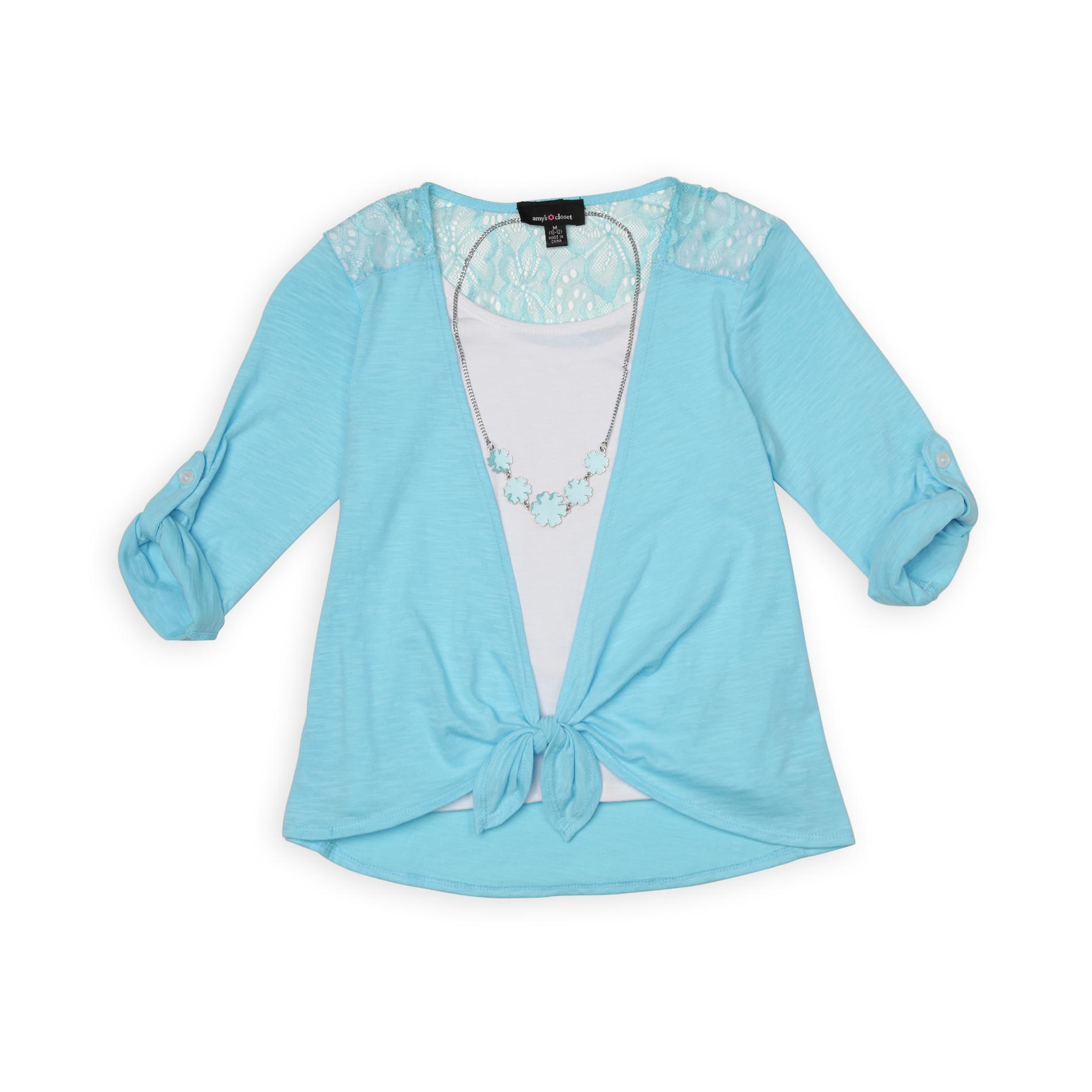 Amy's Closet Girl's Tie-Front Layered Top & Necklace
