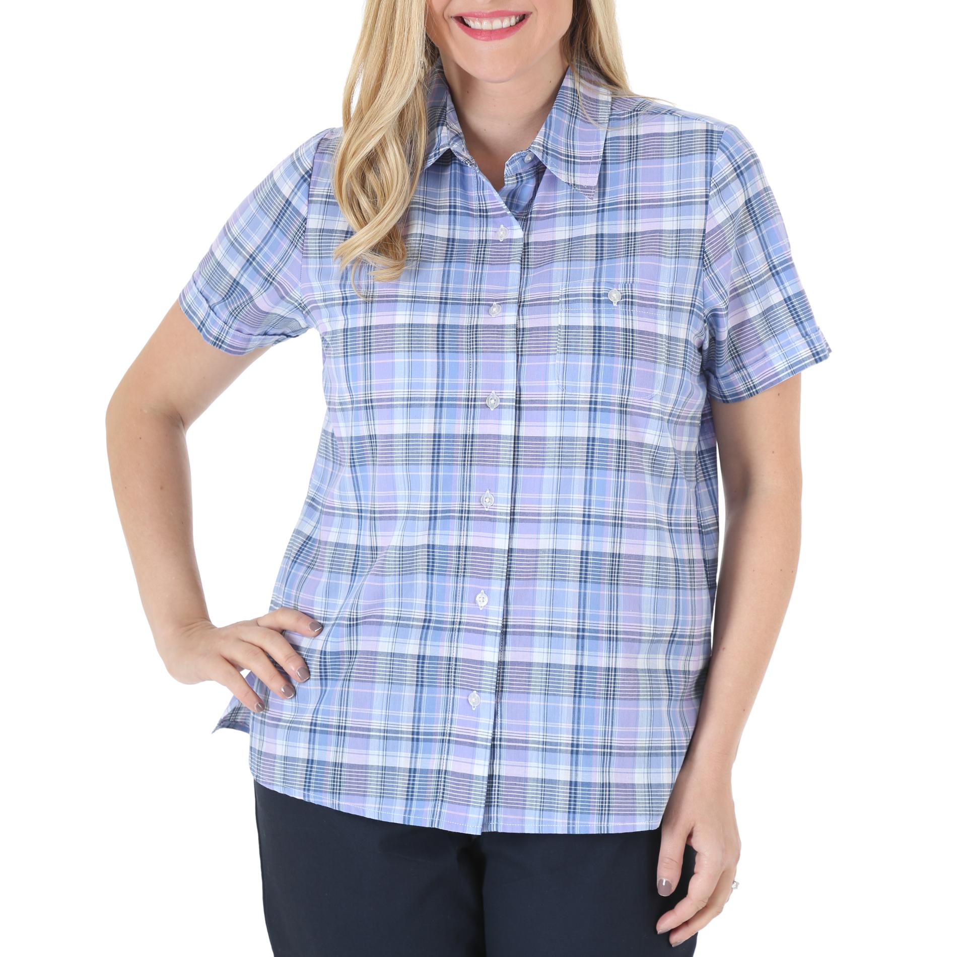 Chic Women's Short-Sleeve Button-Front Top - Plaid