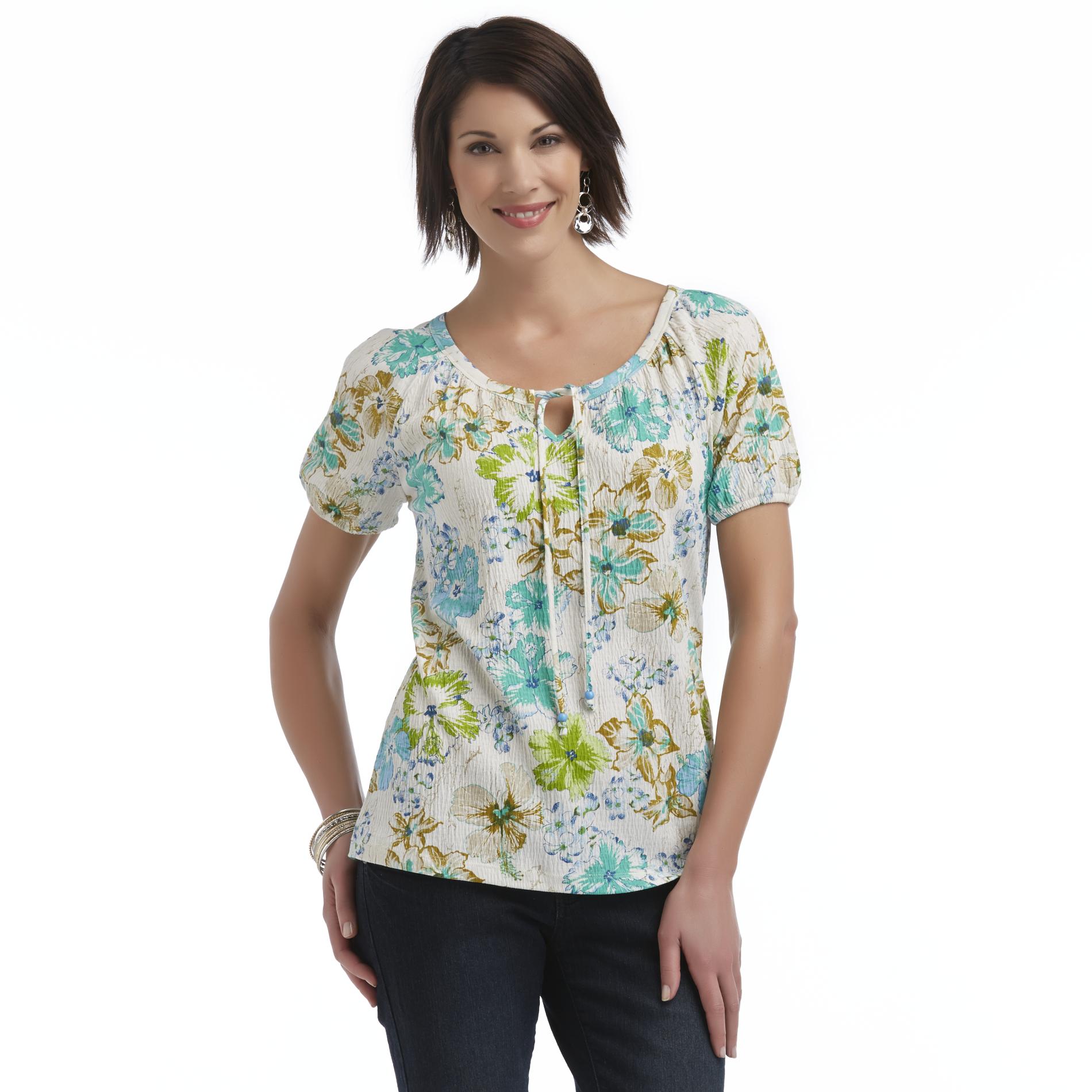 Basic Editions Women's Peasant Crinkle Top - Floral