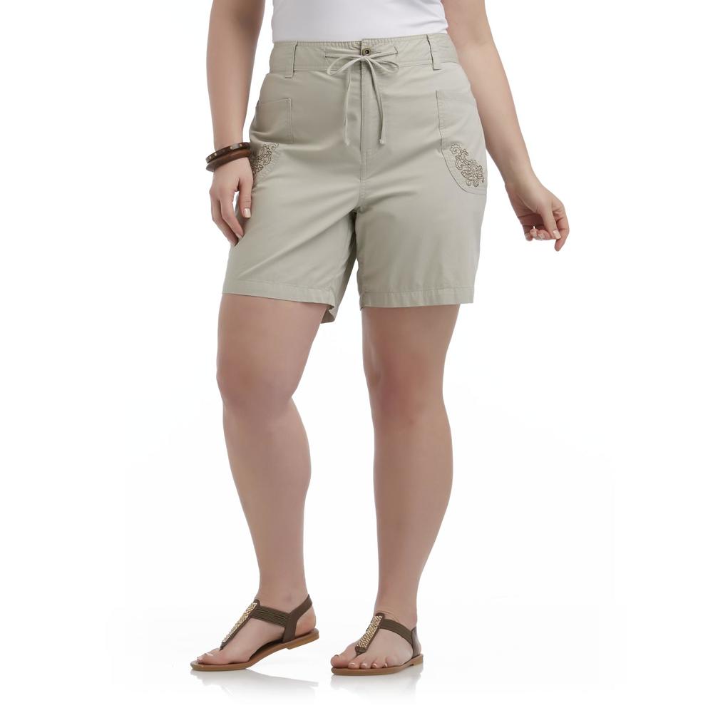 Basic Editions Women's Plus Embroidered Twill Shorts