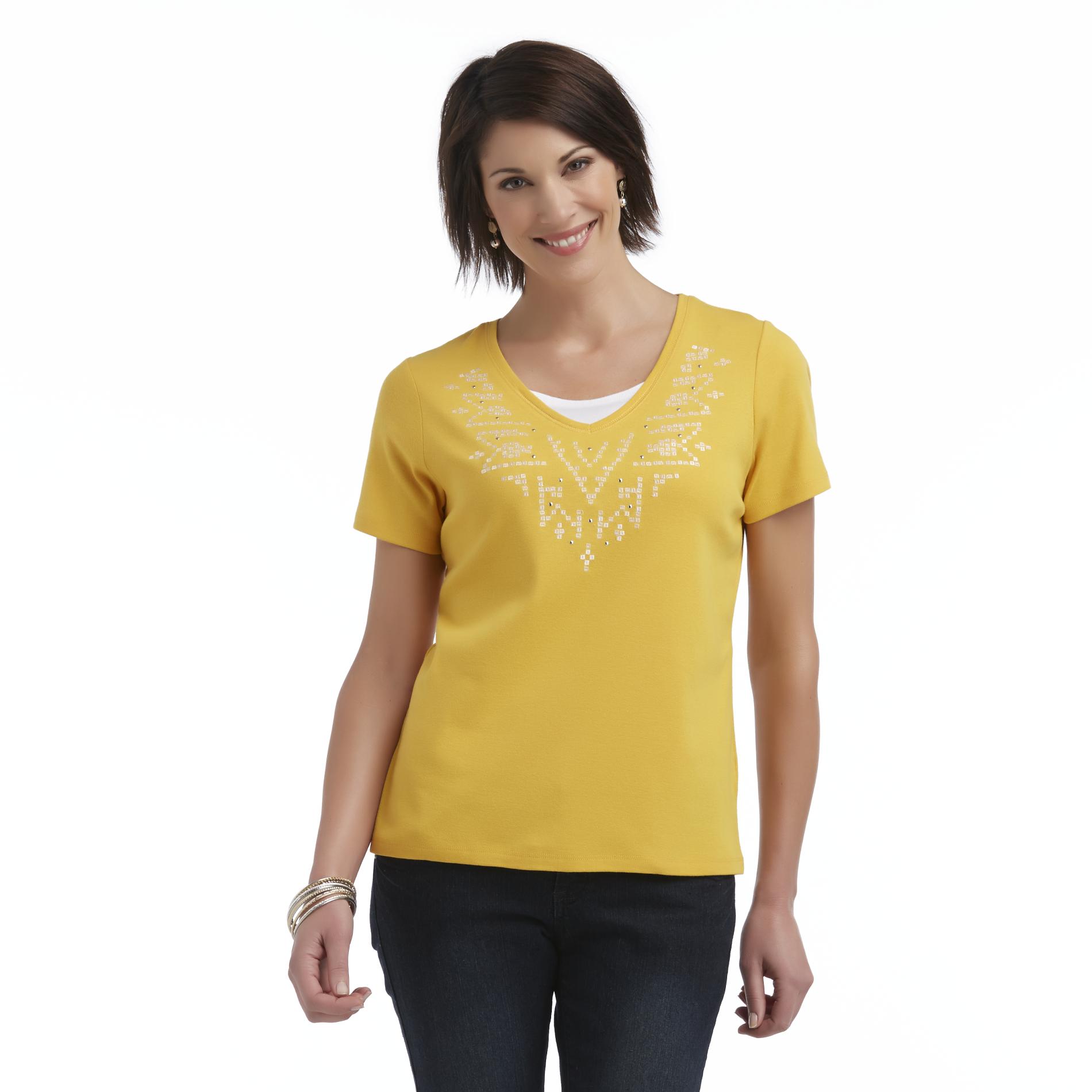 Basic Editions Women's Layered-Look V-Neck T-shirt - Geometric
