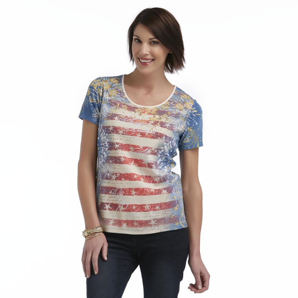 Holiday Editions Women's Studded Graphic T-Shirt - Flag & Fireworks