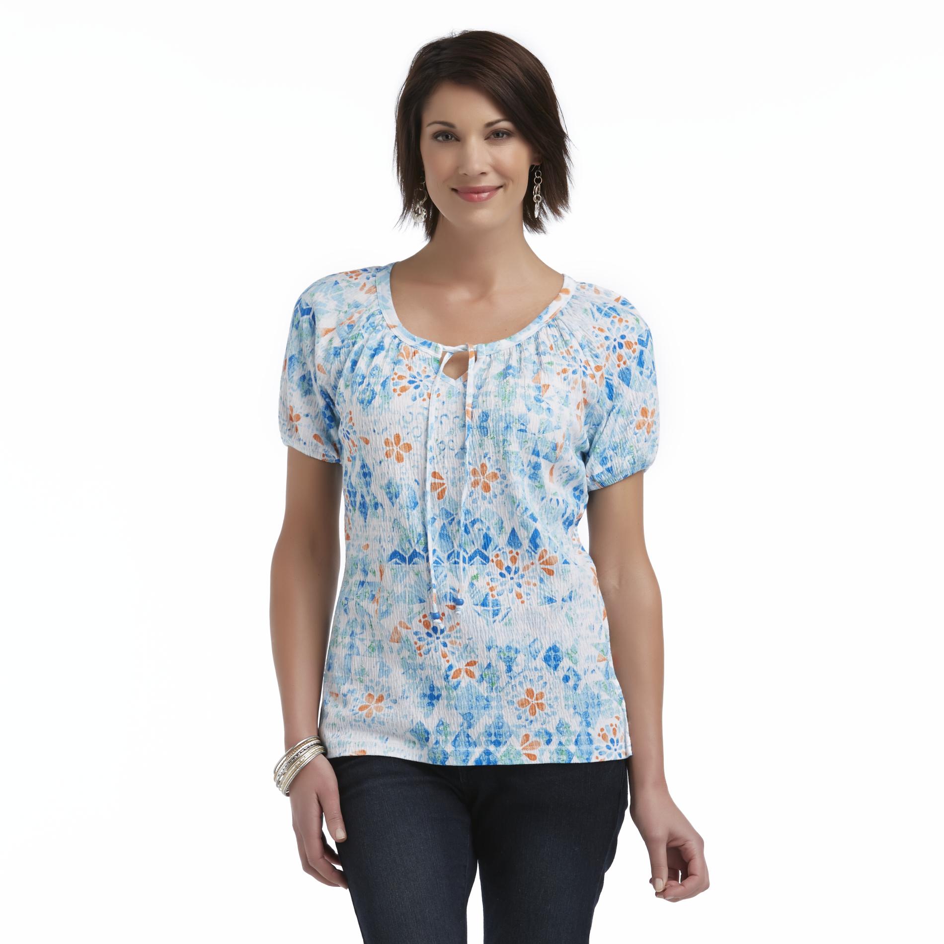 Basic Editions Women's Peasant Crinkle Top - Floral
