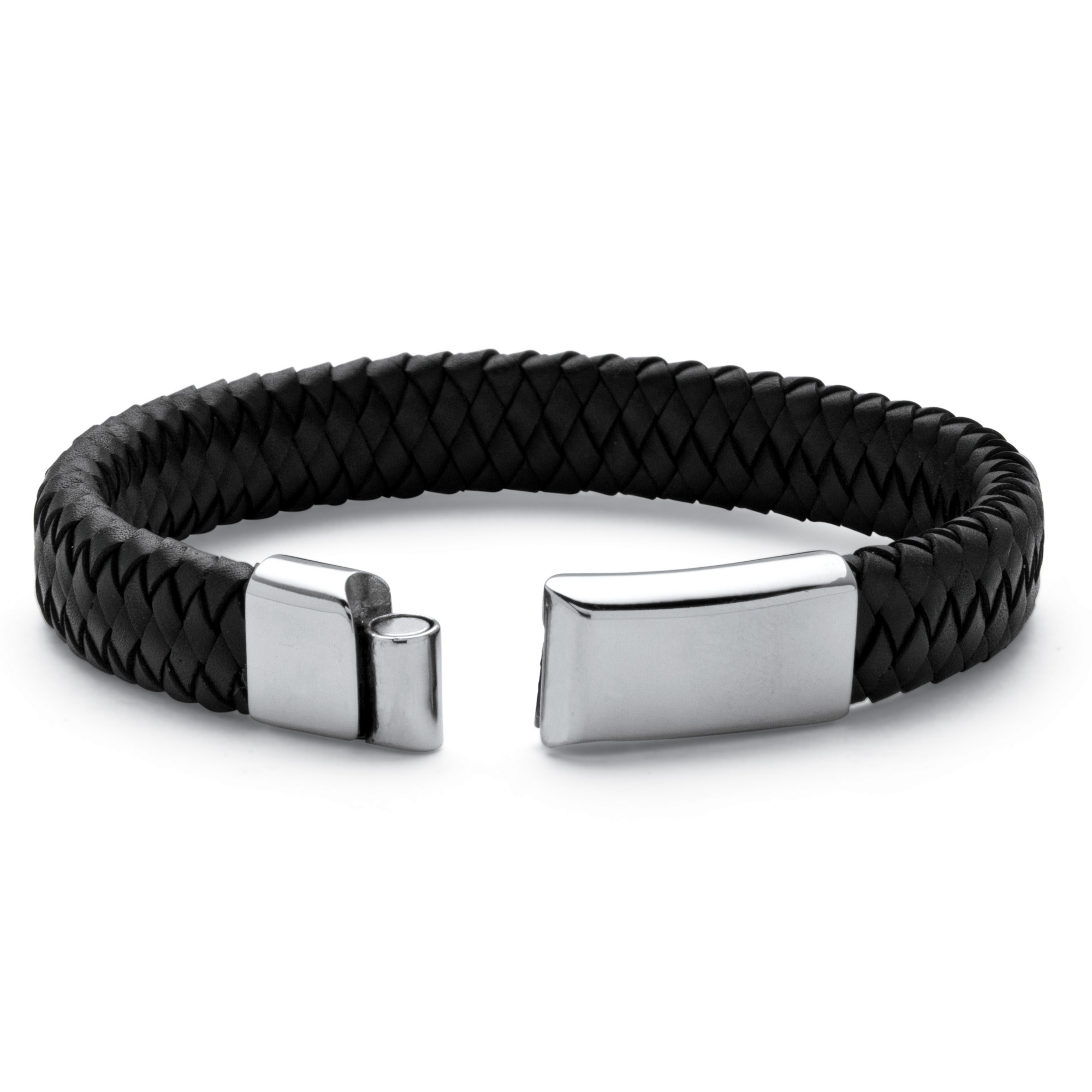 PalmBeach Jewelry Mens Braided Leather Bracelet in Stainless Steel